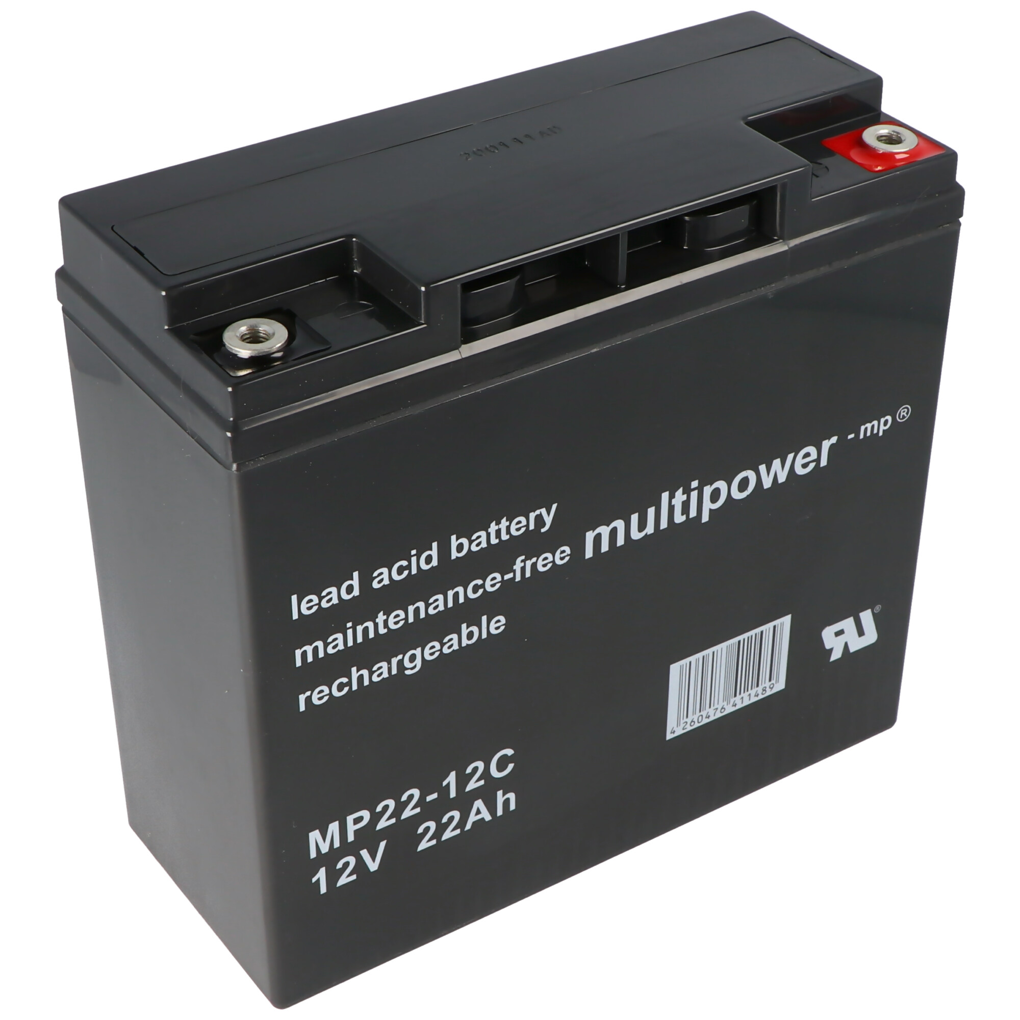 Schwarzer 12V 22Ah Blei-Säure-Akku mit Aufschrift.