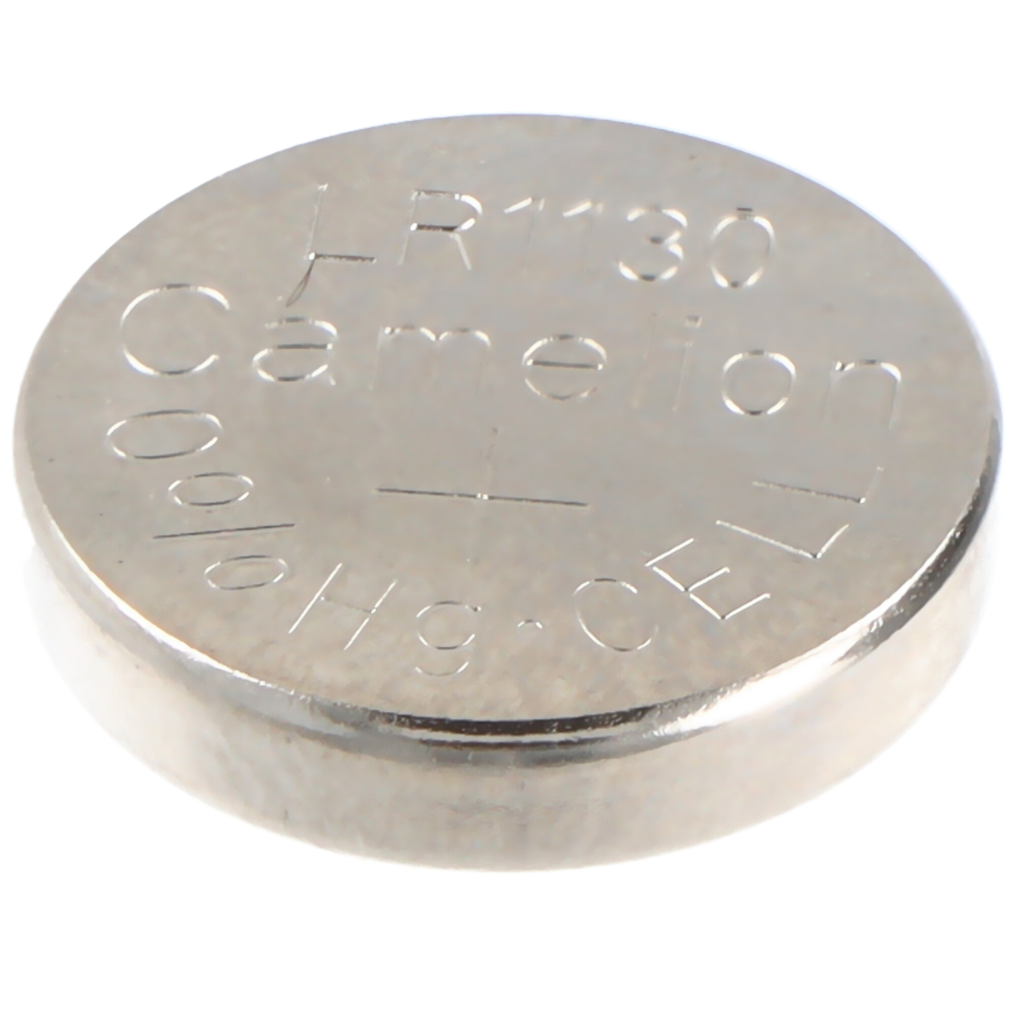 Eine silberne Knopfzelle mit LR1130 und Camelion-Aufschrift.