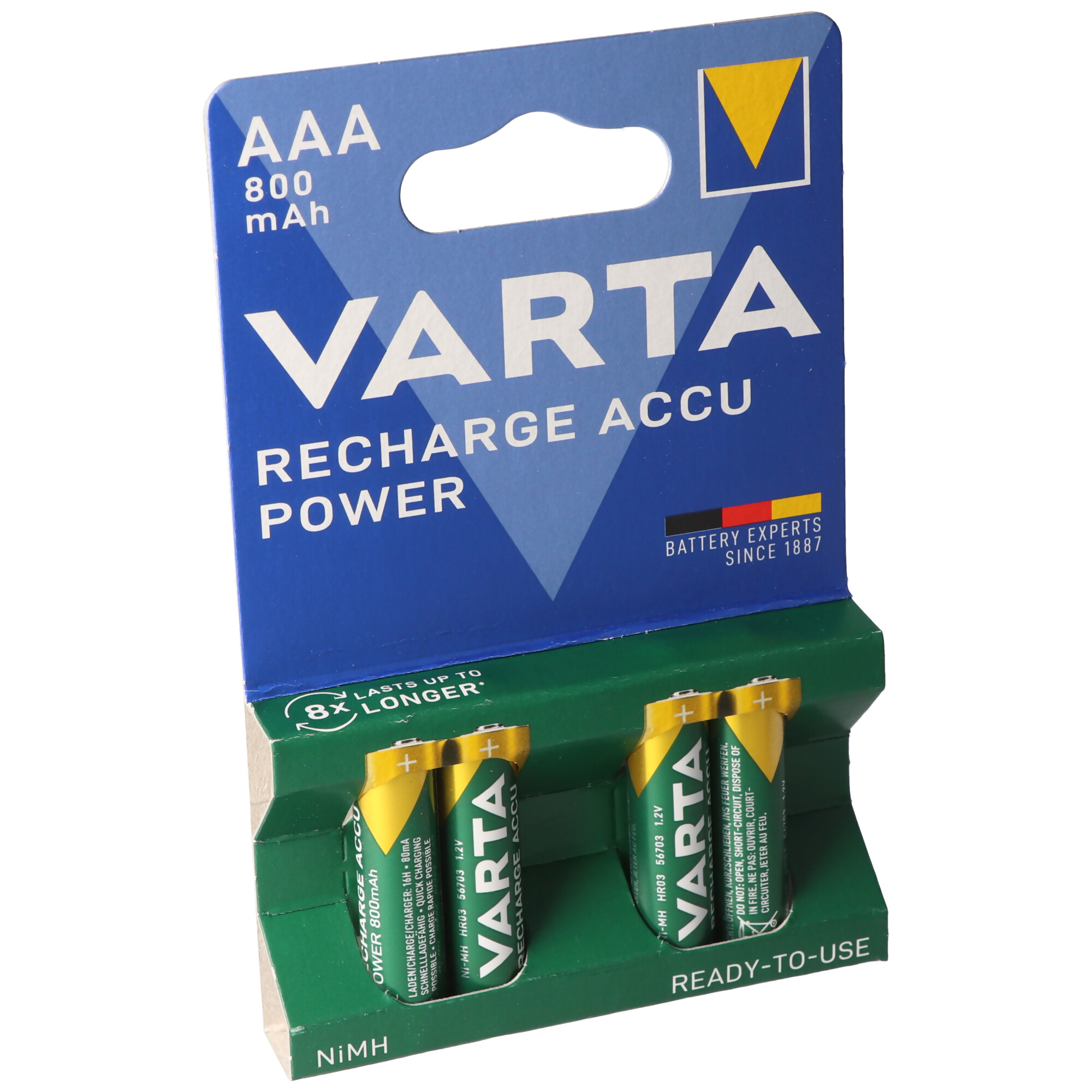 Varta AAA Rechargeable Batteries, 800mAh, 4er Pack. Grün und gelb.