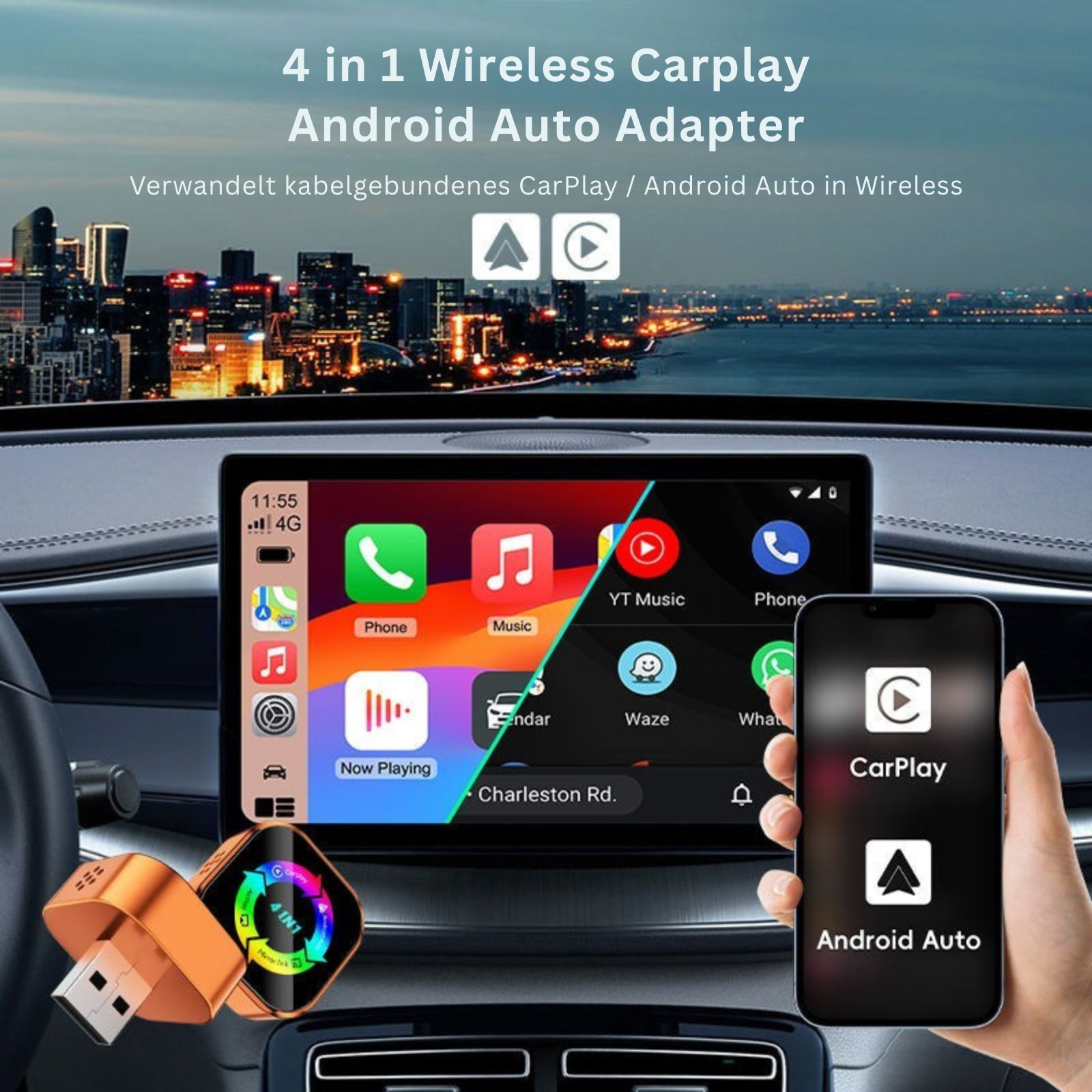 4-in-1 Wireless CarPlay/Android Auto Adapter mit Stadtblick im Hintergrund.