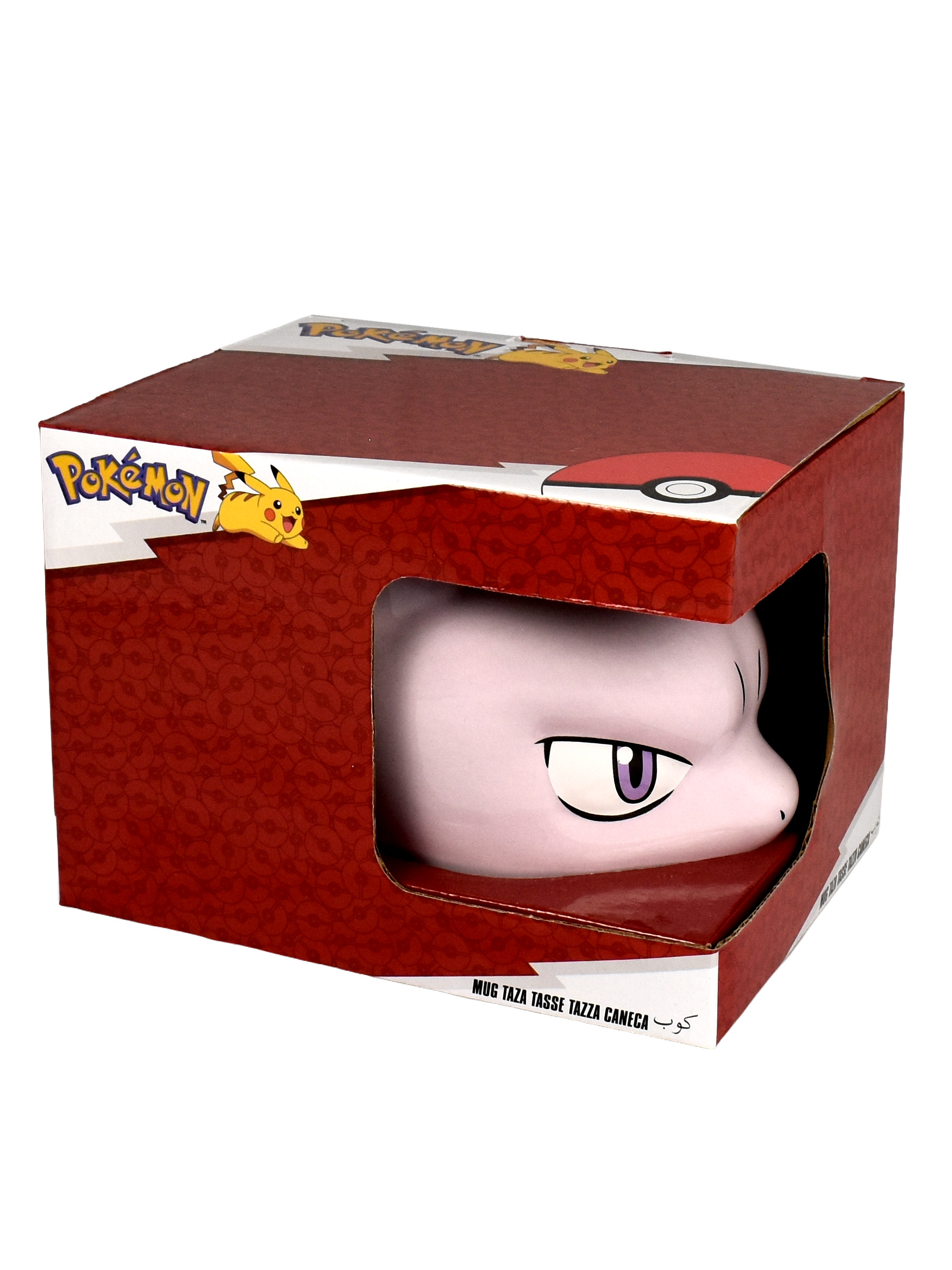 Ein hellrosa Mew-Tassenkopf mit lila Augen ist in einer Pokémon-Box zu sehen.