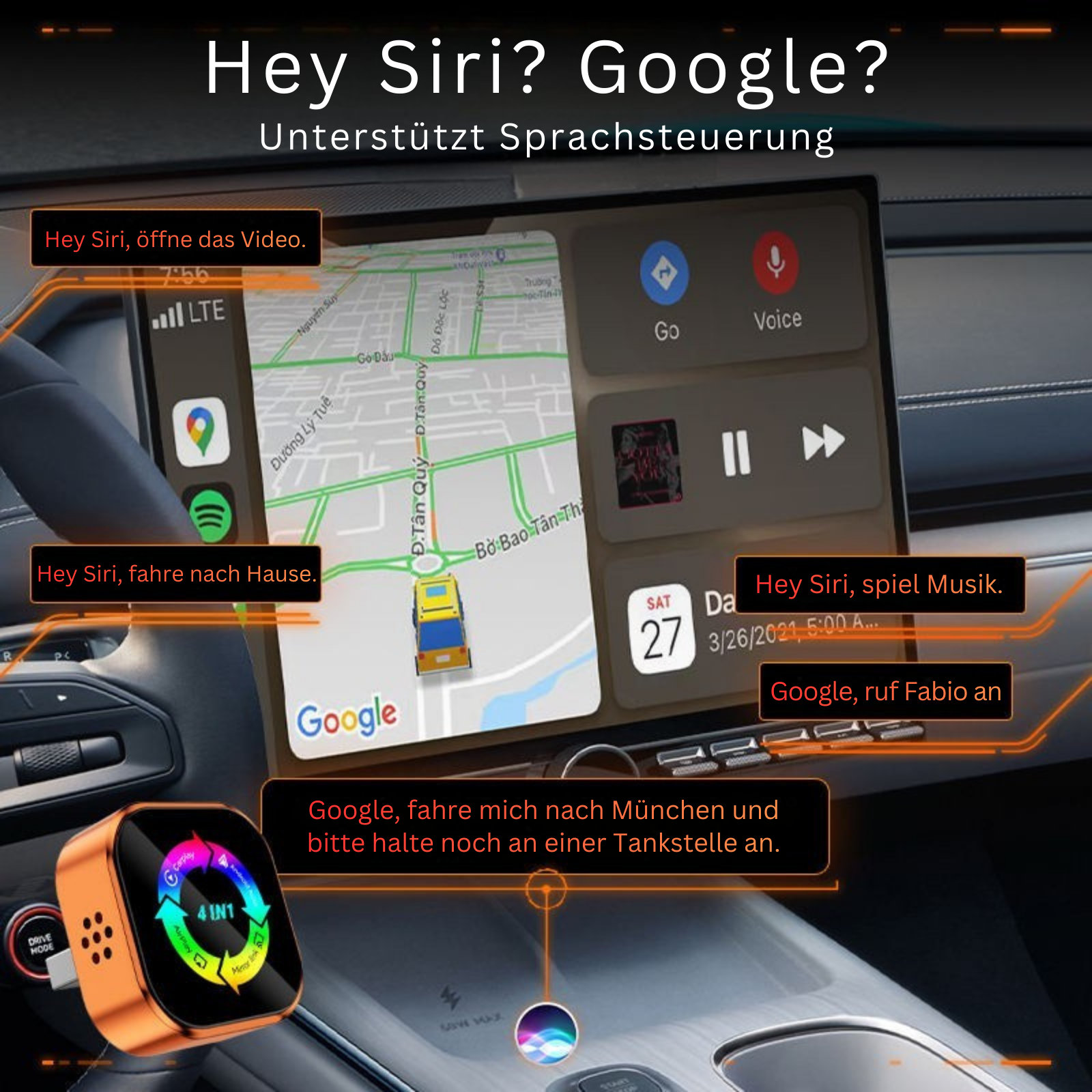 Ein Auto-Infotainmentsystem mit Navigation, Musiksteuerung und Sprachassistenten.