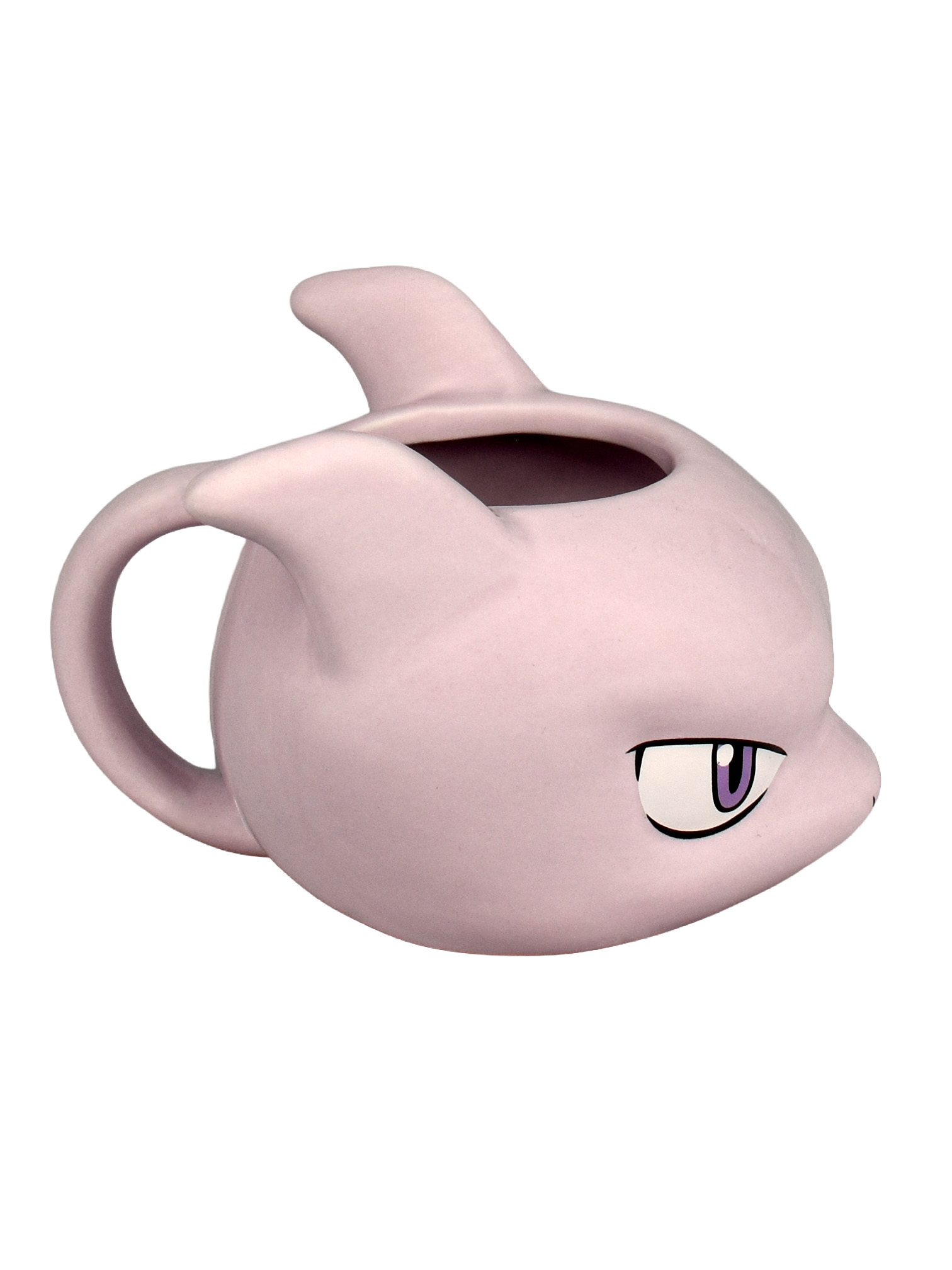 Eine hellviolette Mewtu-Tasse mit Griff und lila Auge.