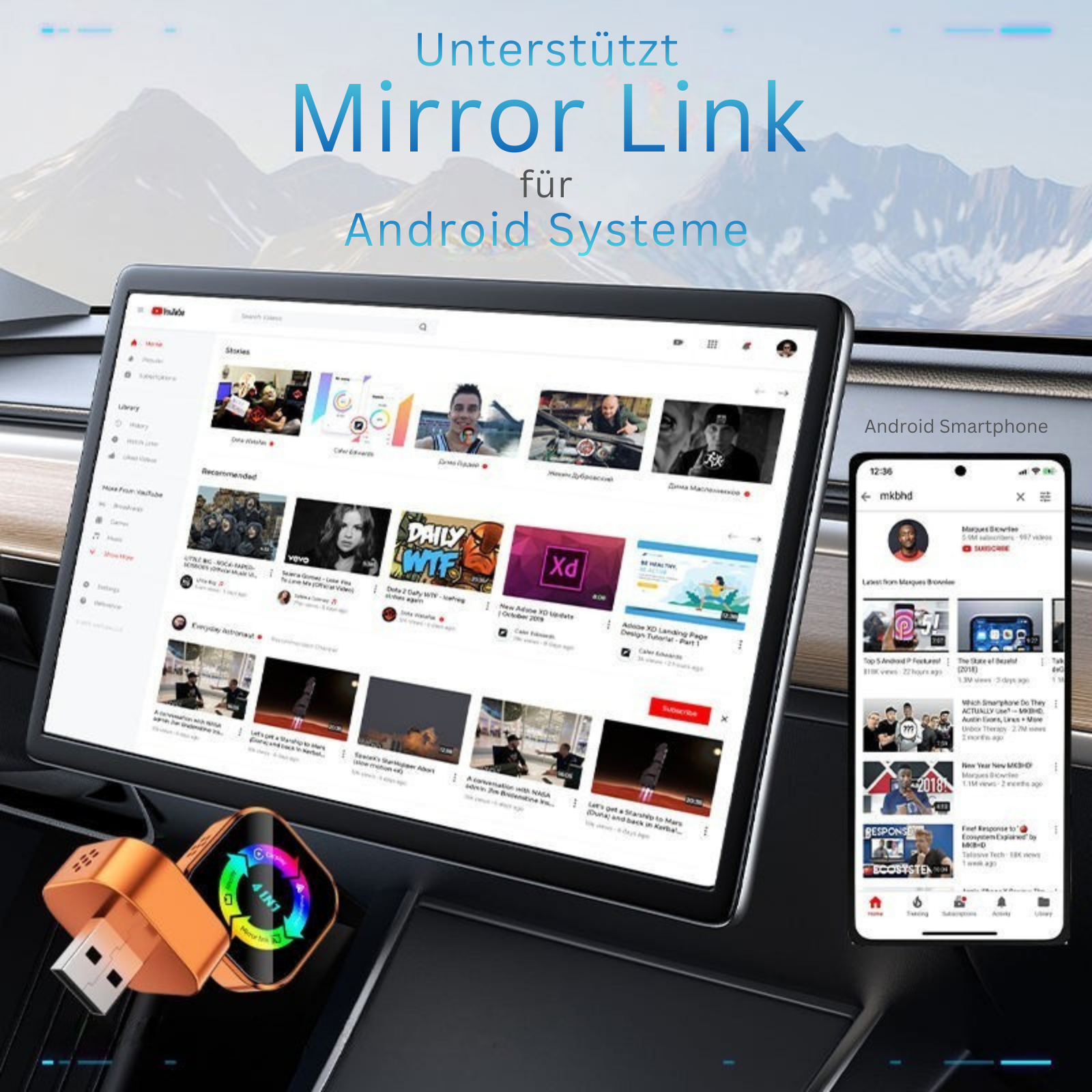 Ein Auto-Tablet zeigt YouTube, daneben ein Smartphone. Ein kleiner USB-Adapter liegt vorn.