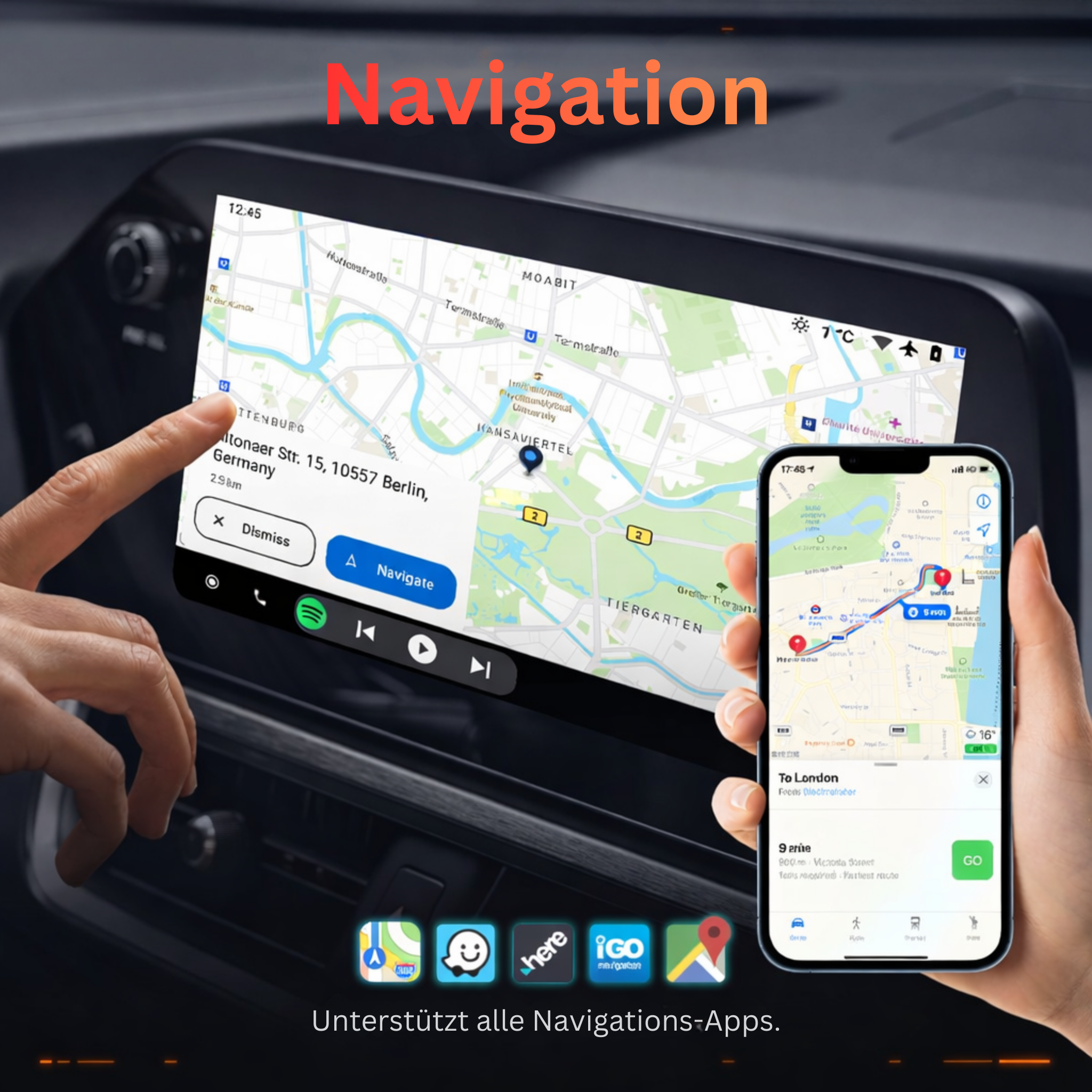 Navigation auf Auto- und Handy-Displays mit Karten und Routen.