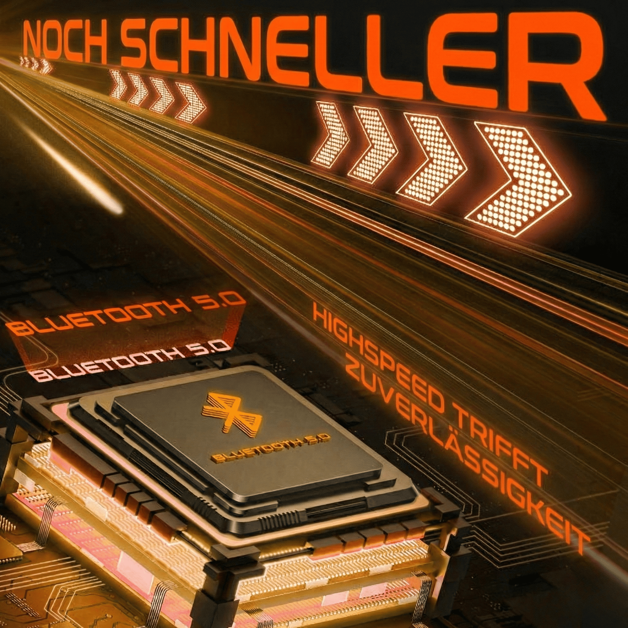 3D-Darstellung eines Bluetooth 5.0 Chips mit Neonpfeilen und Text.