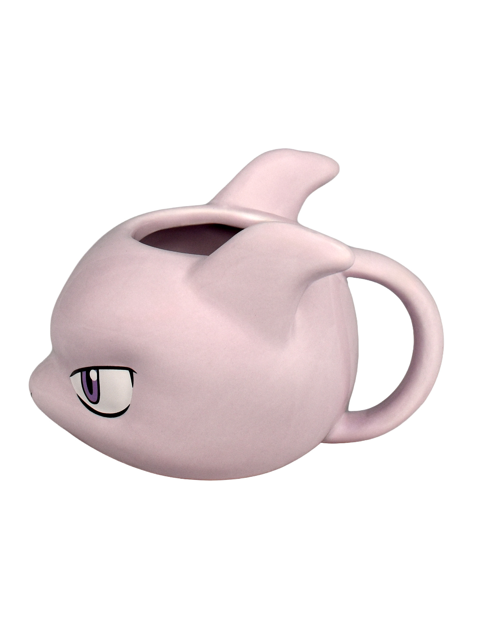 Eine hellrosa Mewtu-Tasse mit violettem Auge und Henkel.