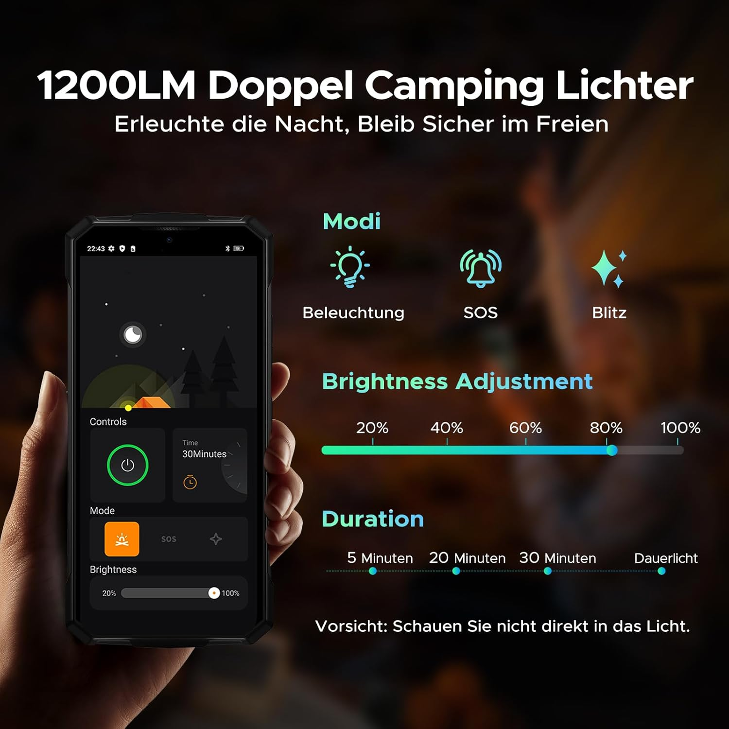 Ein Smartphone zeigt eine App zur Steuerung von Campinglichtern mit Helligkeitseinstellungen.
