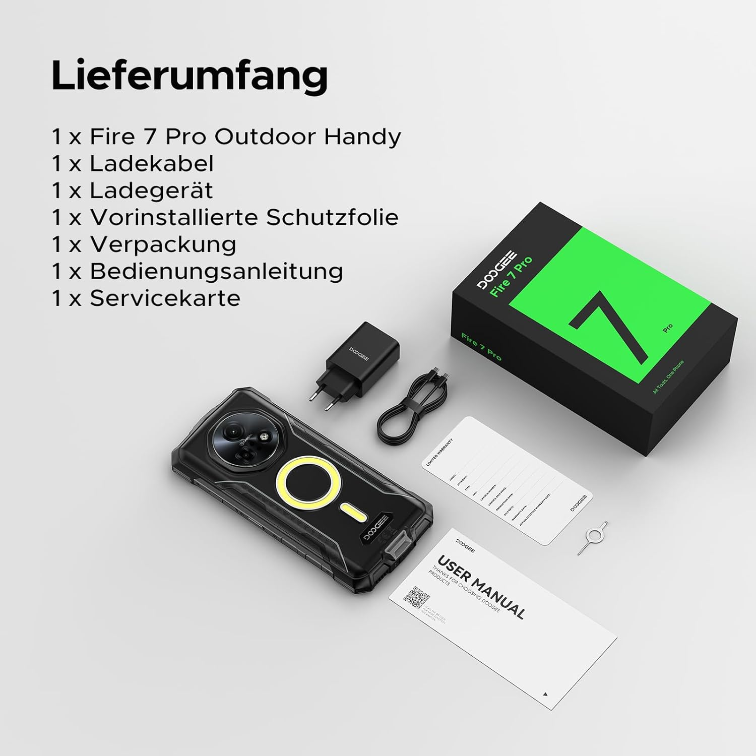 Lieferumfang: Outdoor-Handy, Ladekabel, Ladegerät, Schutzfolie, Verpackung, Anleitung.