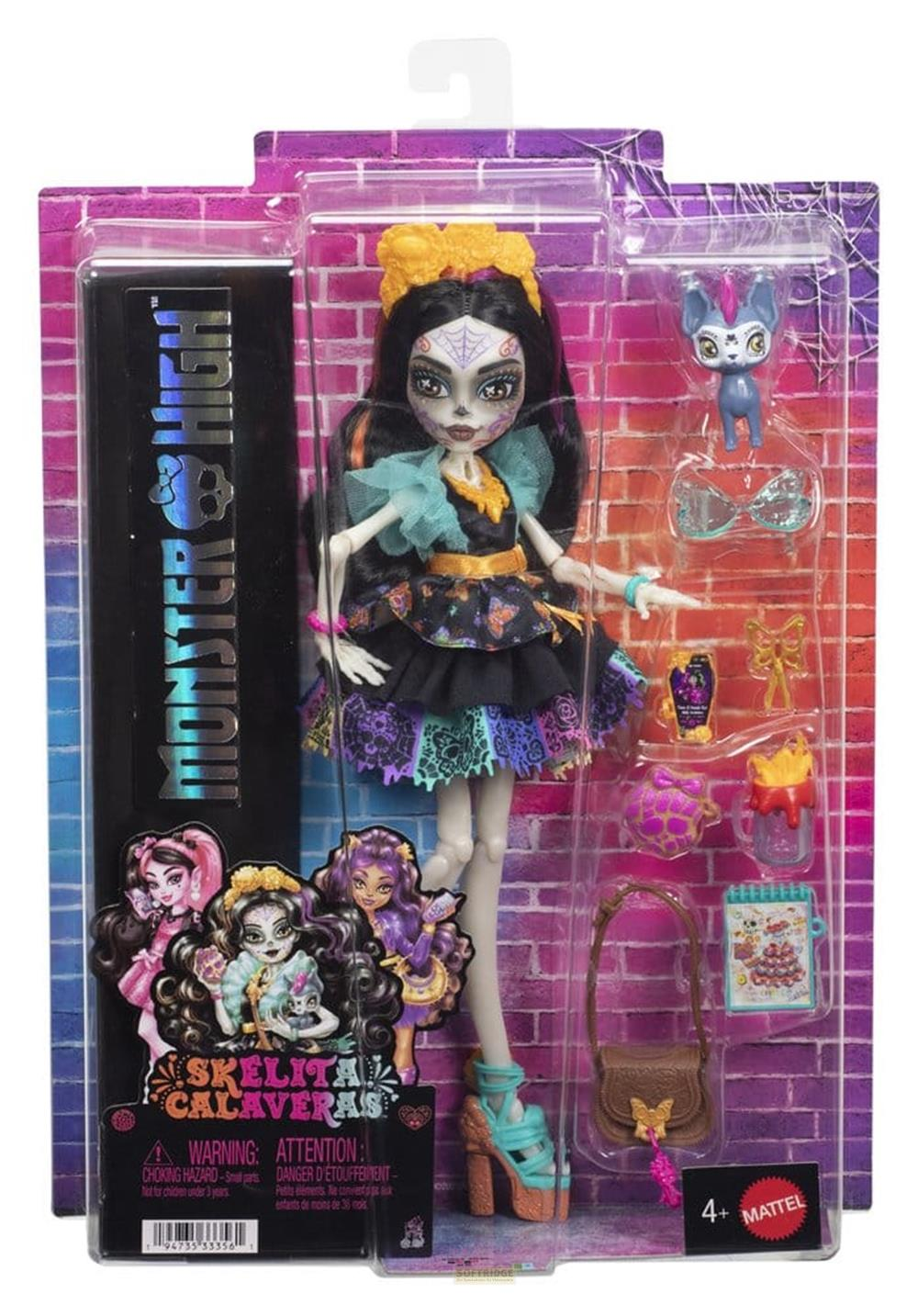 Skelita Calaveras Monster High Puppe im Karton mit Zubehör, wie Haustier und Tasche.