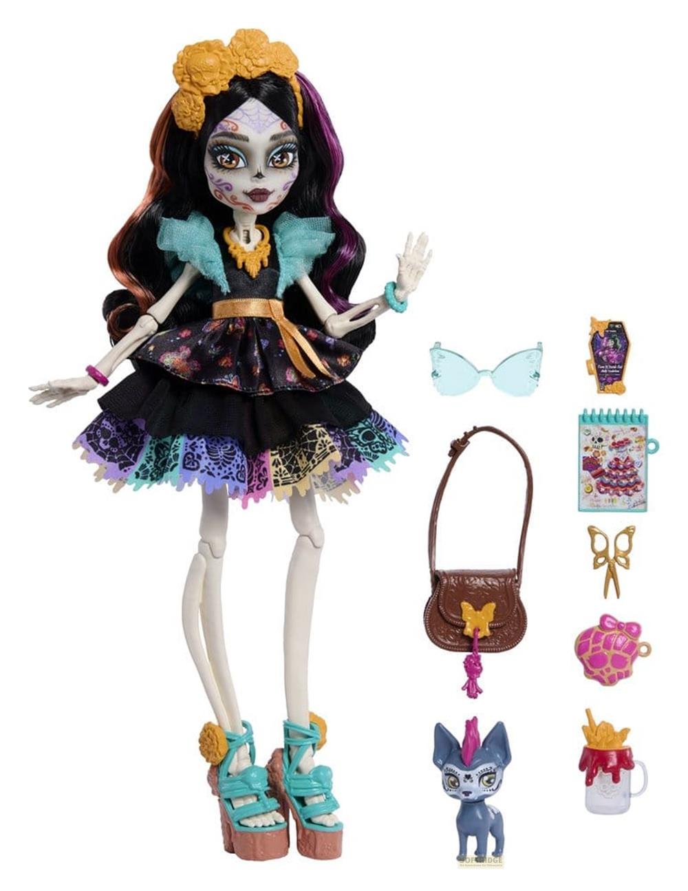 Skelettpuppe mit Tag der Toten Make-up, buntem Kleid und Accessoires wie Tasche.