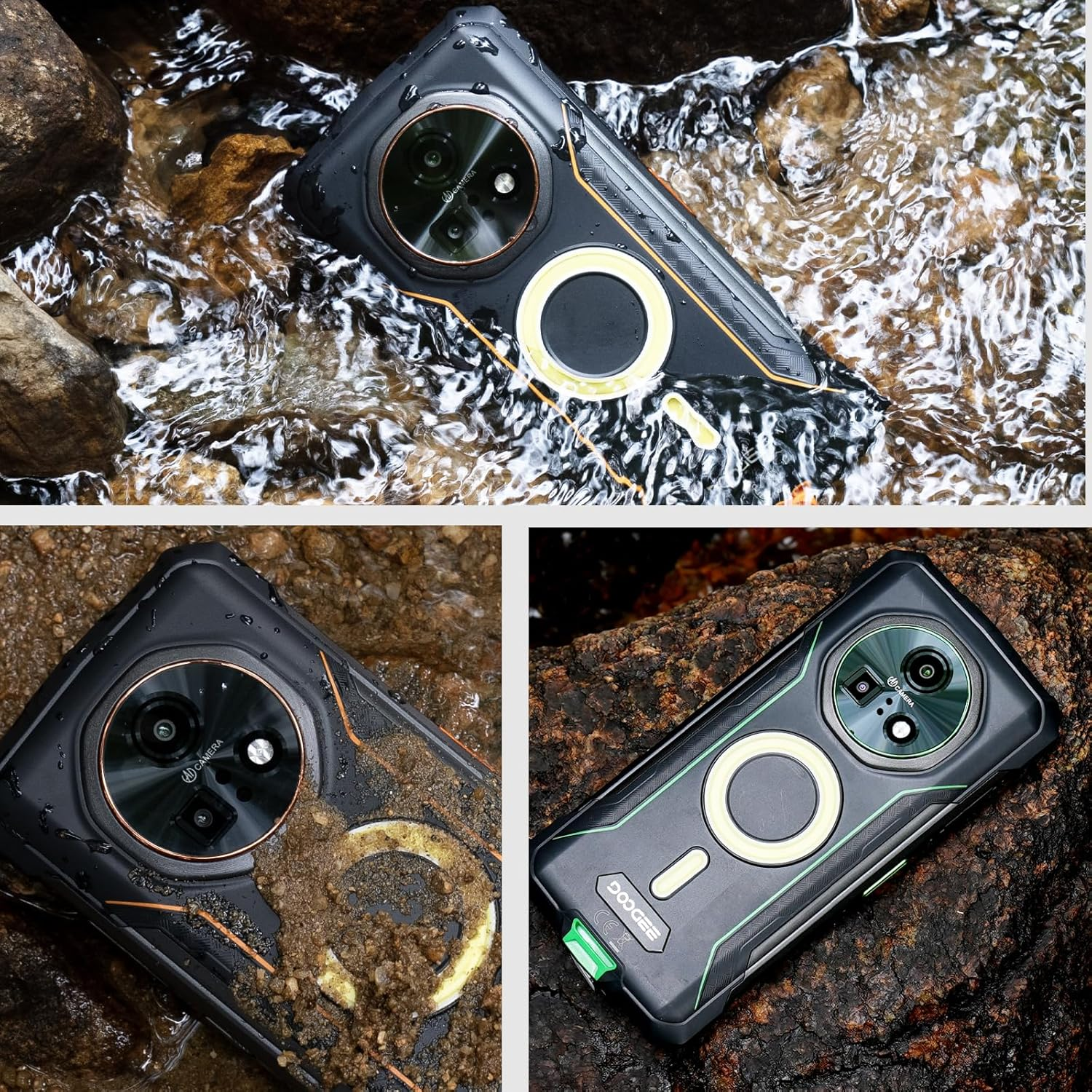 Ein robustes schwarzes Smartphone mit mehreren Kameras liegt in Wasser und Schlamm.