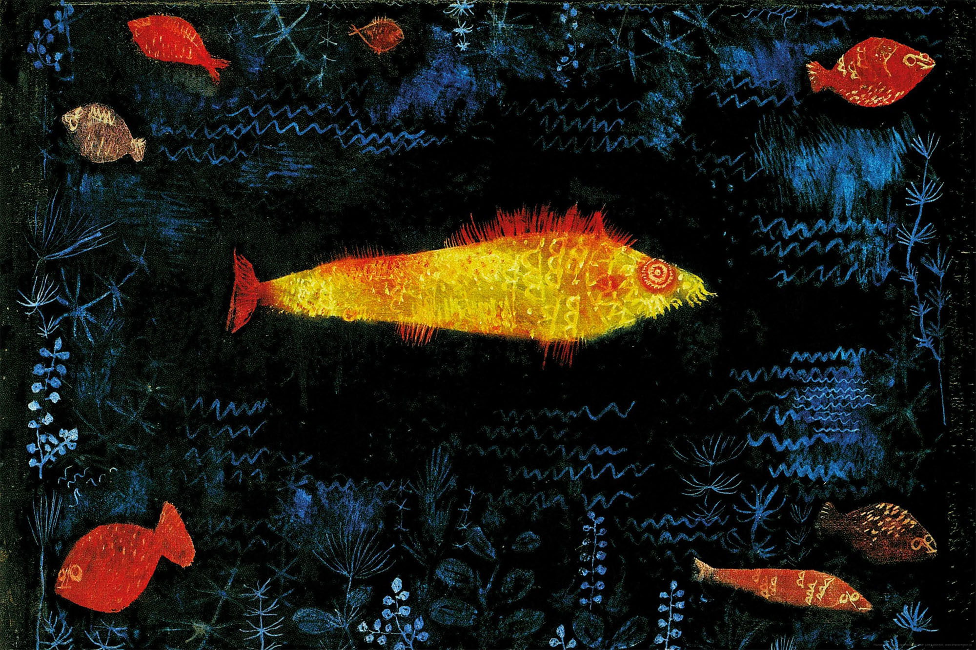 Ein gelber Fisch mit roten Flossen schwimmt in dunklem Wasser mit blauen Wellen und Pflanzen.
