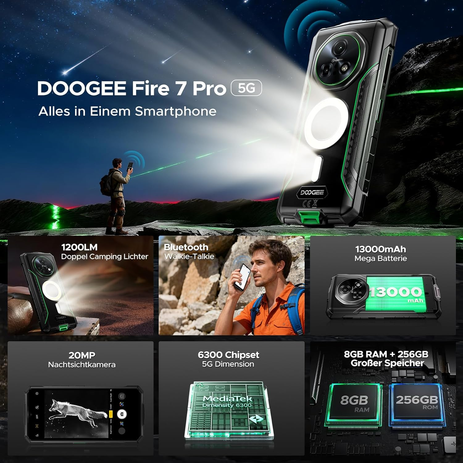DOOGEE Fire 7 Pro 5G Smartphone mit Campinglichtern, Walkie-Talkie, Nachtsichtkamera, 13000mAh Akku.
