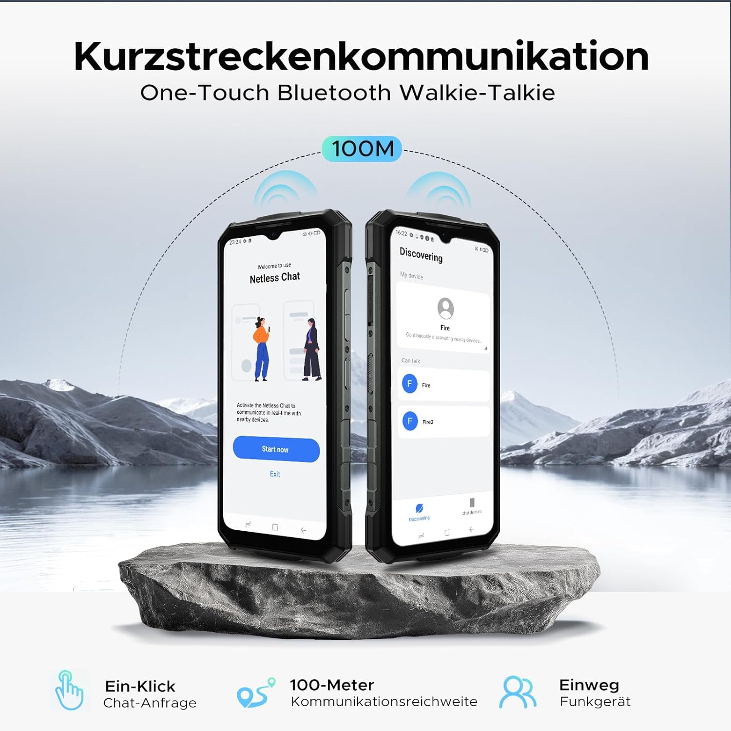 Zwei robuste Smartphones auf Stein, die Bluetooth-Kommunikation zeigen.