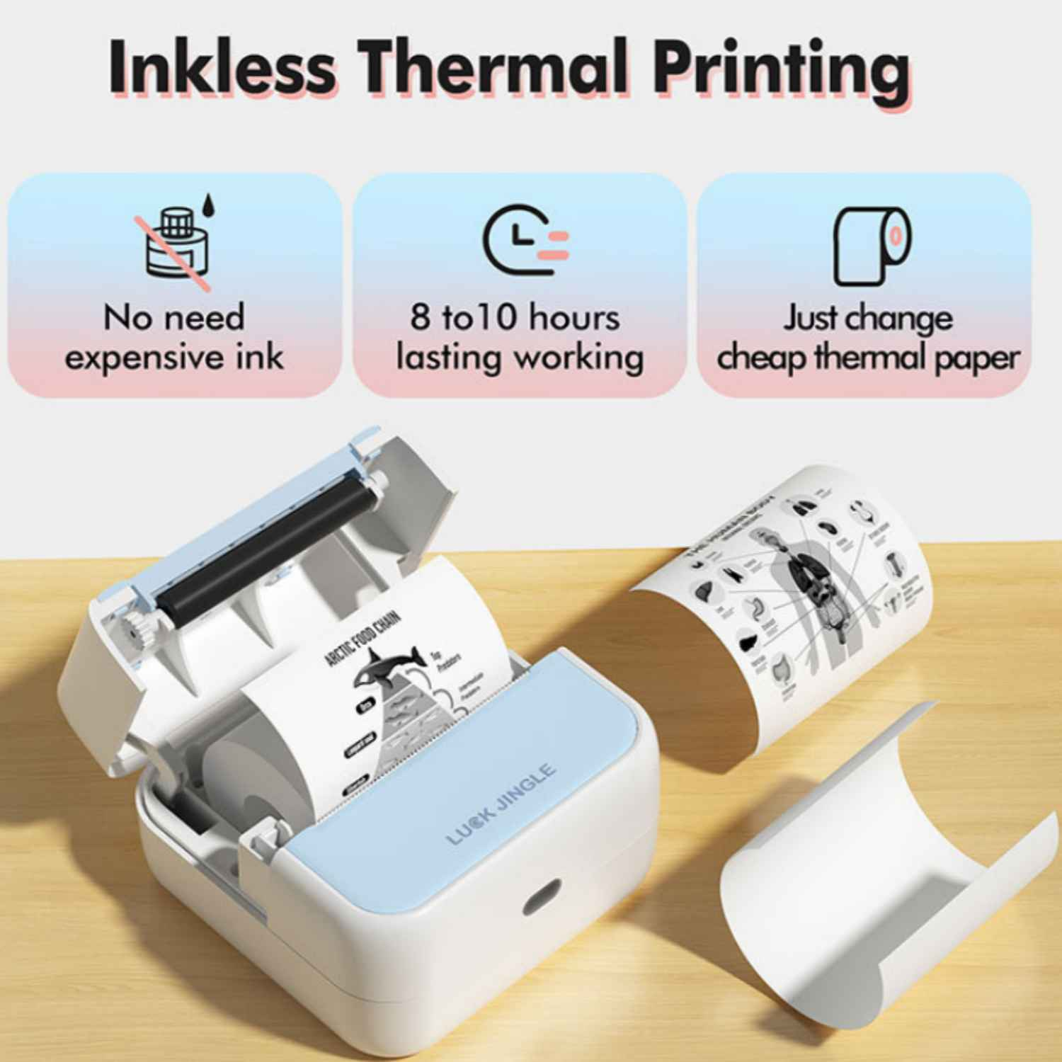 Ein tragbarer Thermodrucker ohne Tinte mit einer Papierrolle und einem Ausdruck.