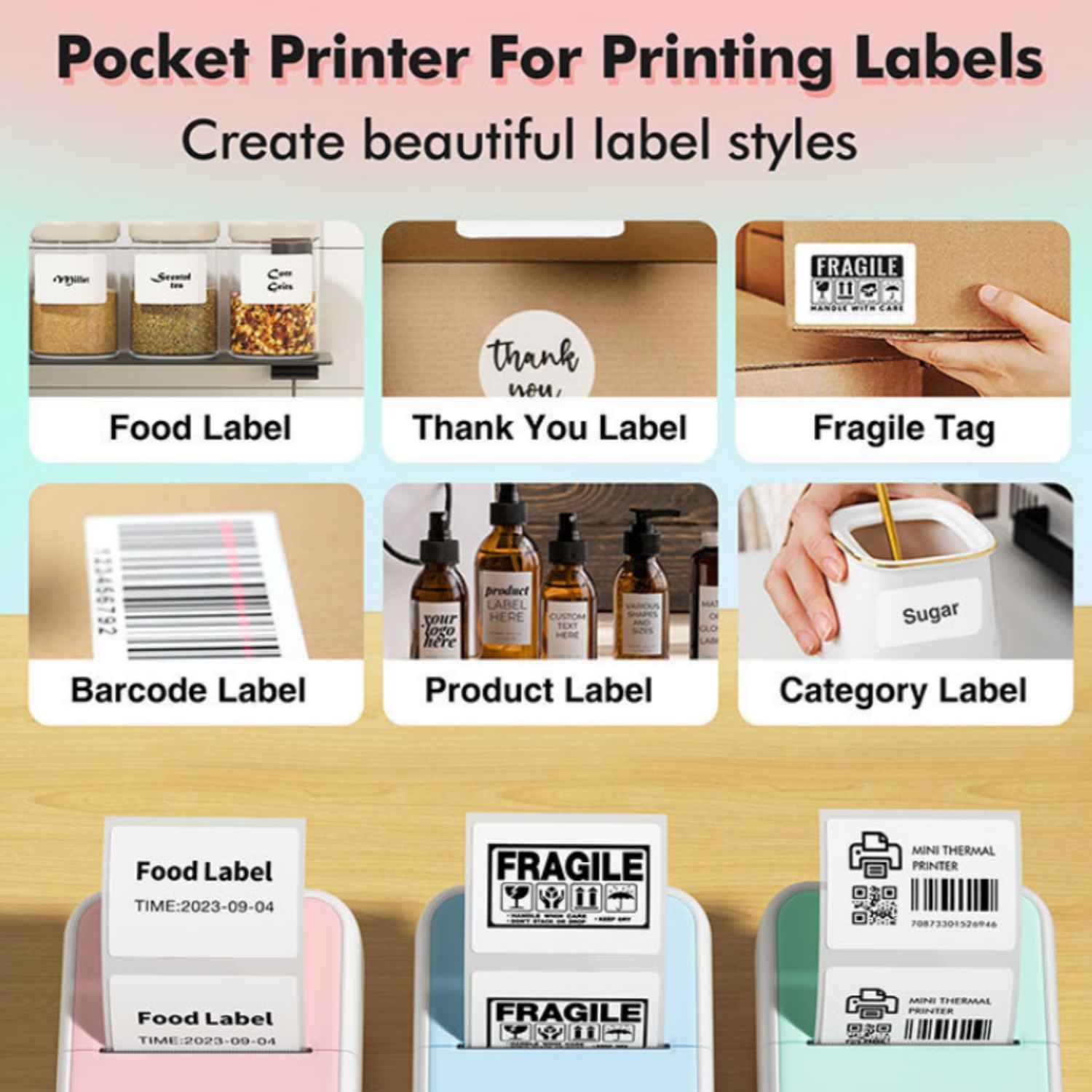 9 Beispiele für Etiketten: Lebensmittel, Danke, Zerbrechlich, Barcode, Produkt, Kategorie, Drucker.