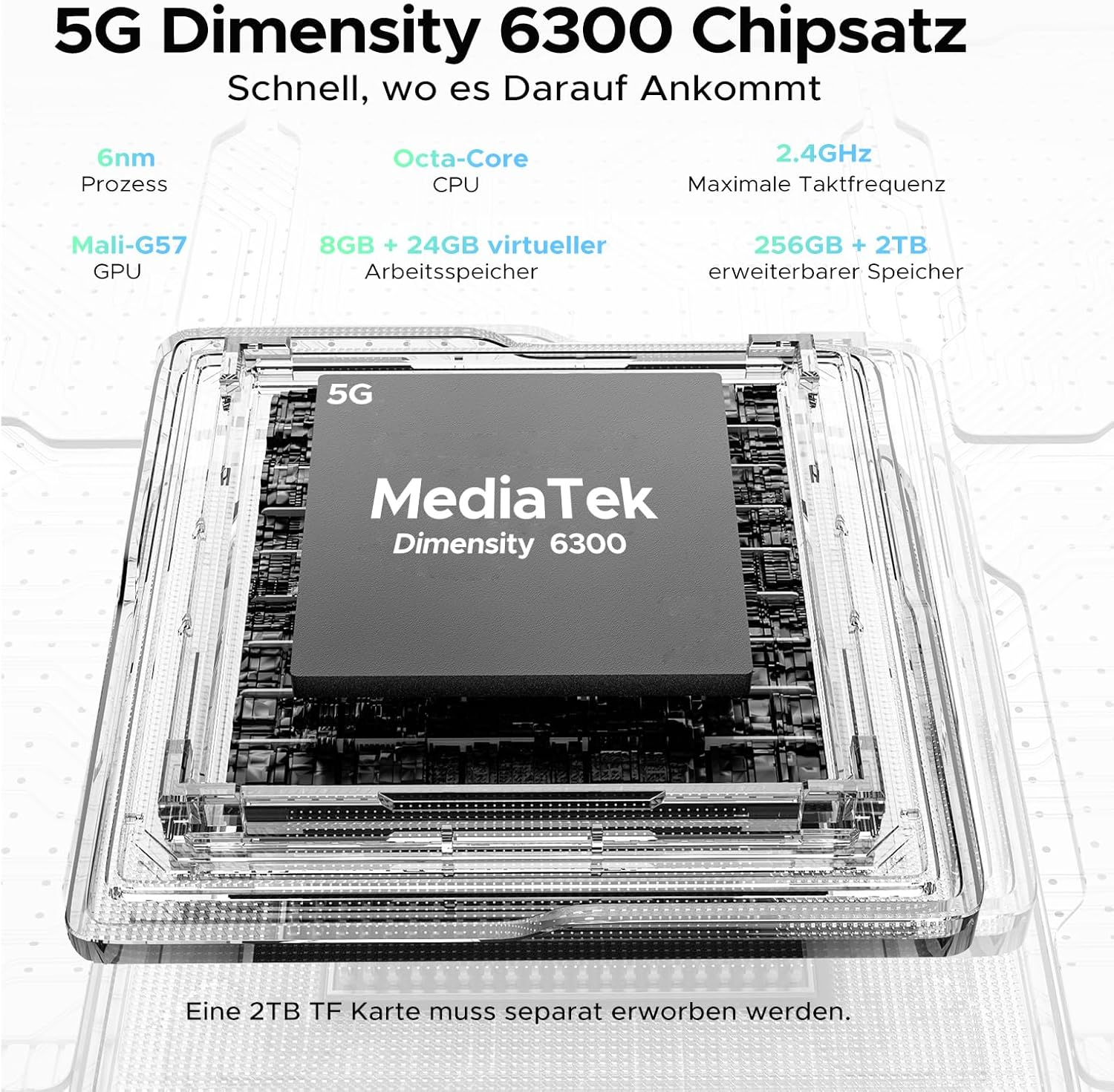 MediaTek Dimensity 6300 Chip mit 6nm Prozess, Octa-Core CPU, 8GB+24GB RAM.