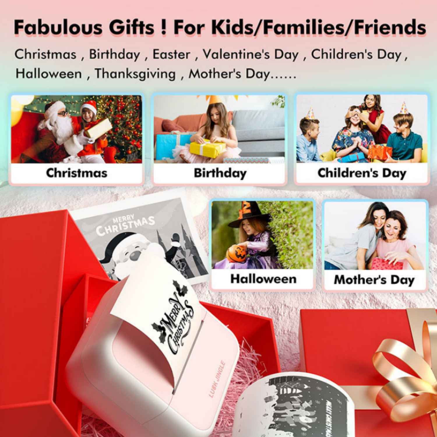 Werbung für Geschenke für verschiedene Anlässe mit Bildern von Weihnachten, Geburtstag, Kindertag, Halloween, Muttertag.