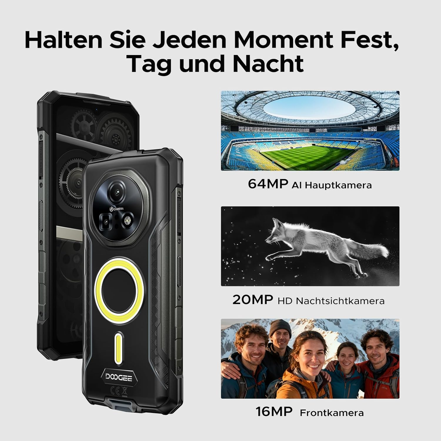 Ein robustes Smartphone mit drei Kamera-Demos: Stadion, Fuchs, Gruppe.