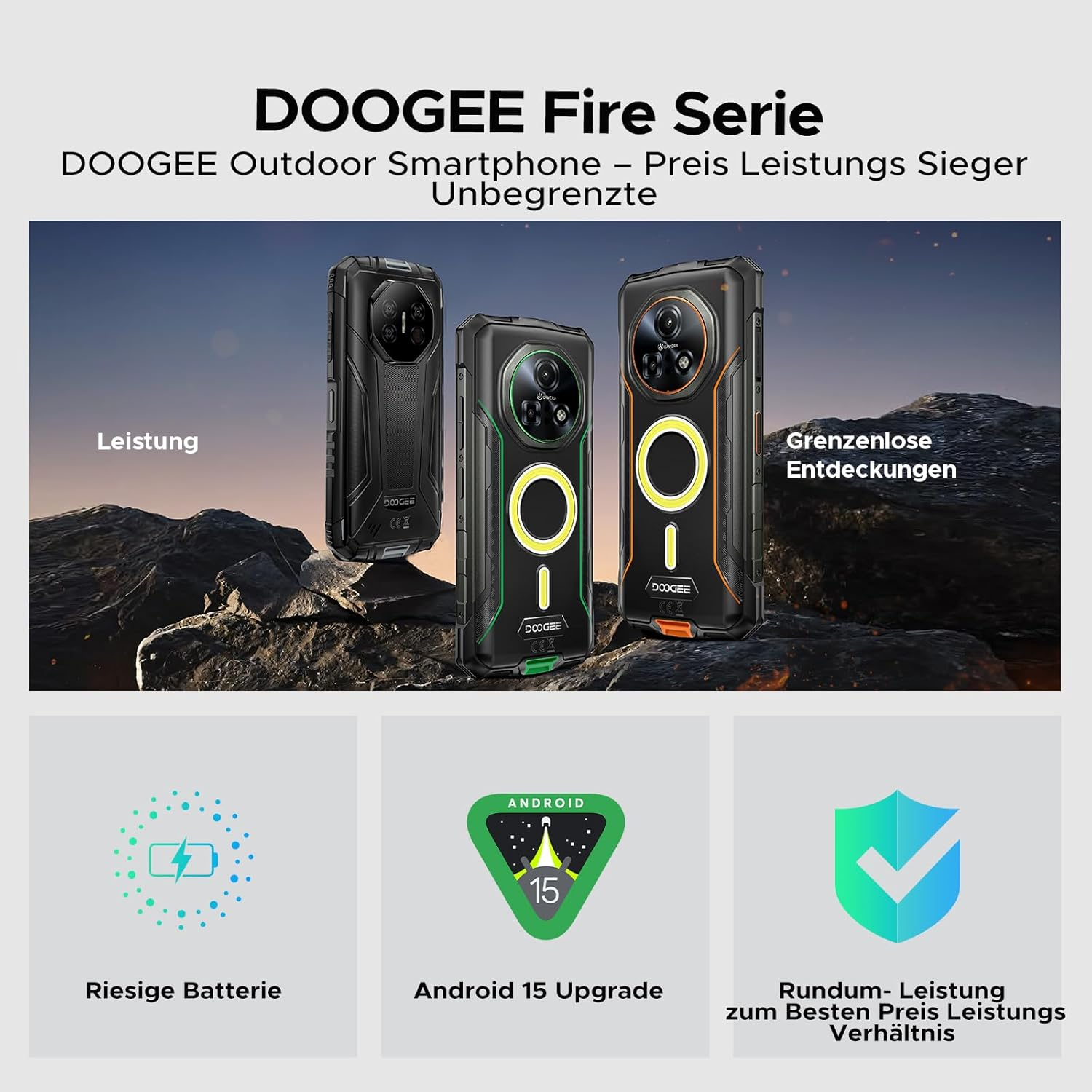 Drei DOOGEE Outdoor Smartphones auf Felsen vor blauem Himmel. Unten: Icons für Batterie, Android 15, Schild.