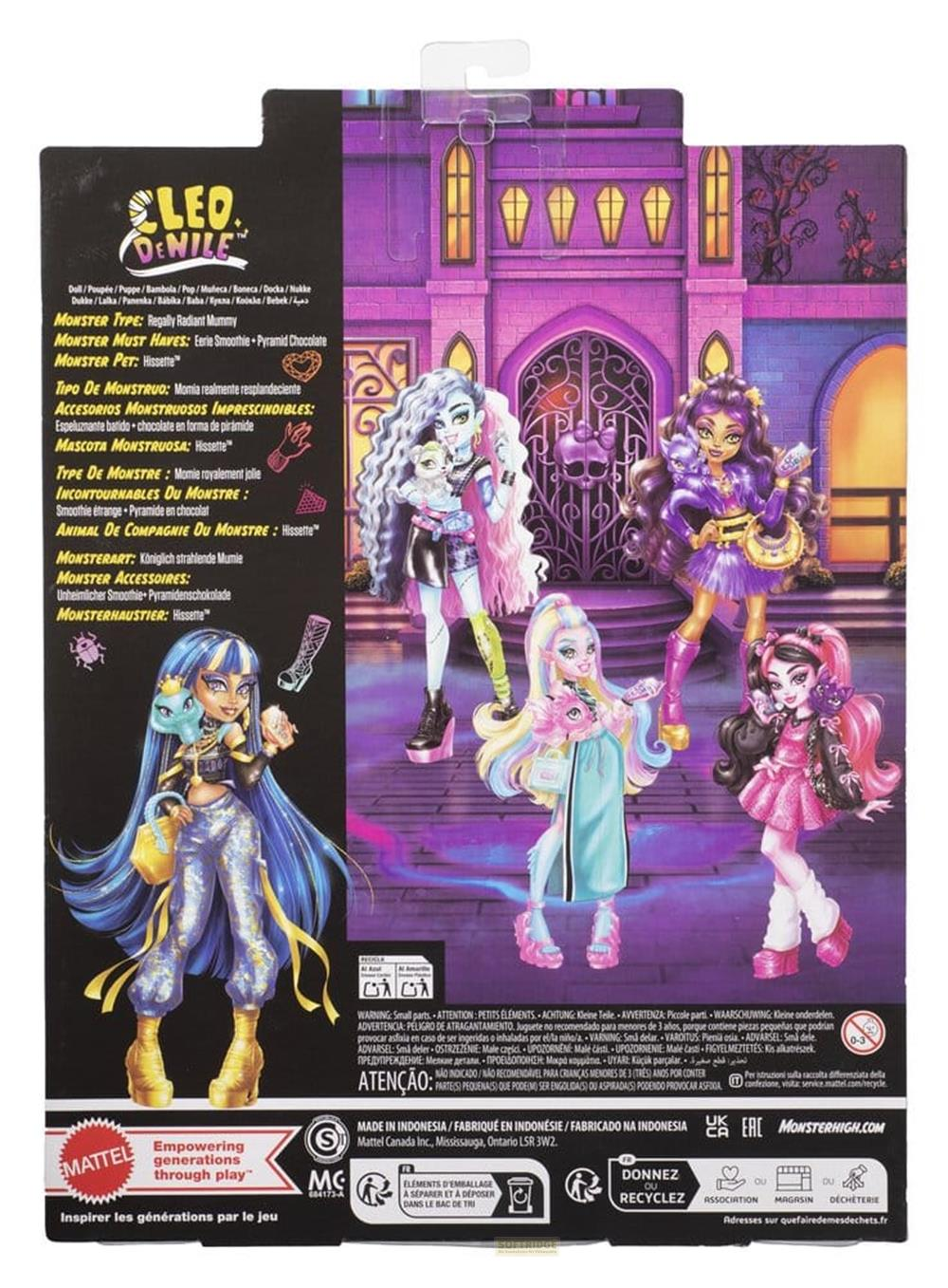 Monster High Puppen vor einem Schloss, mit Zubehör und Text.