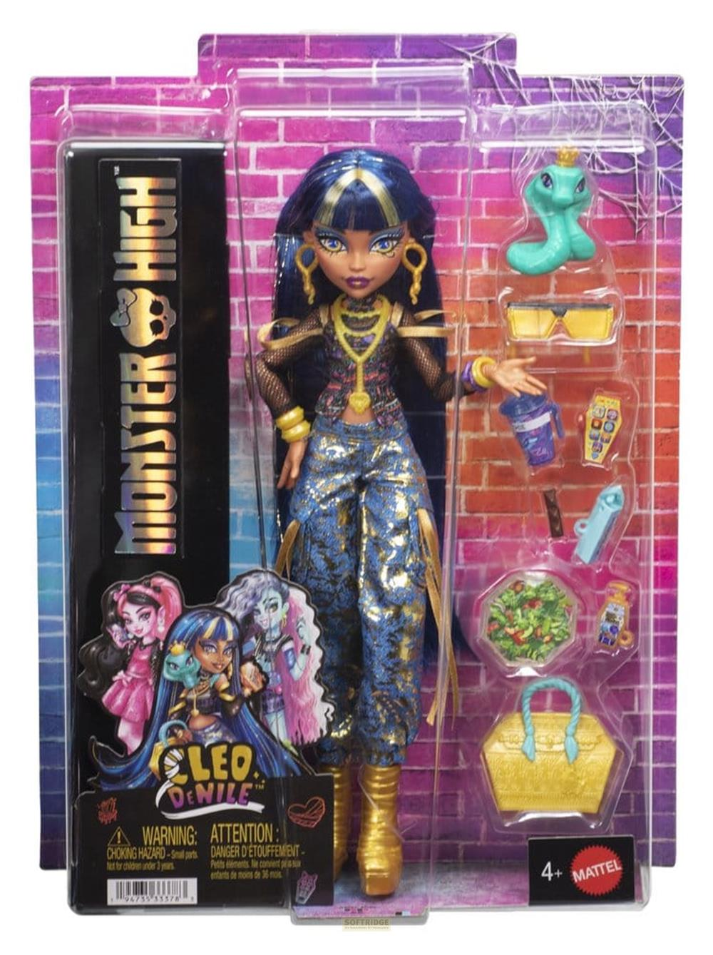 Monster High Cleo De Nile Puppe mit Zubehör in Verpackung.