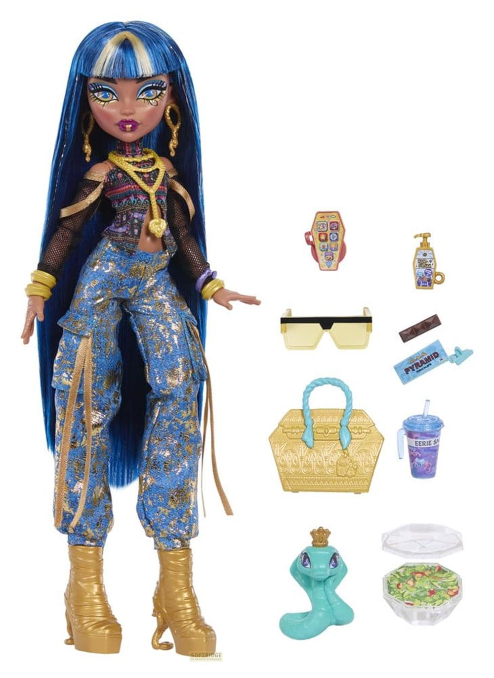 Eine Puppe mit blauen Haaren, die goldene Hose und eine goldene Tasche trägt.
