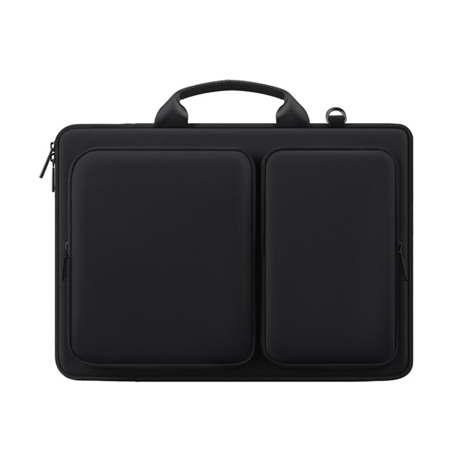 Schwarze Laptoptasche mit zwei Fronttaschen und Griff.