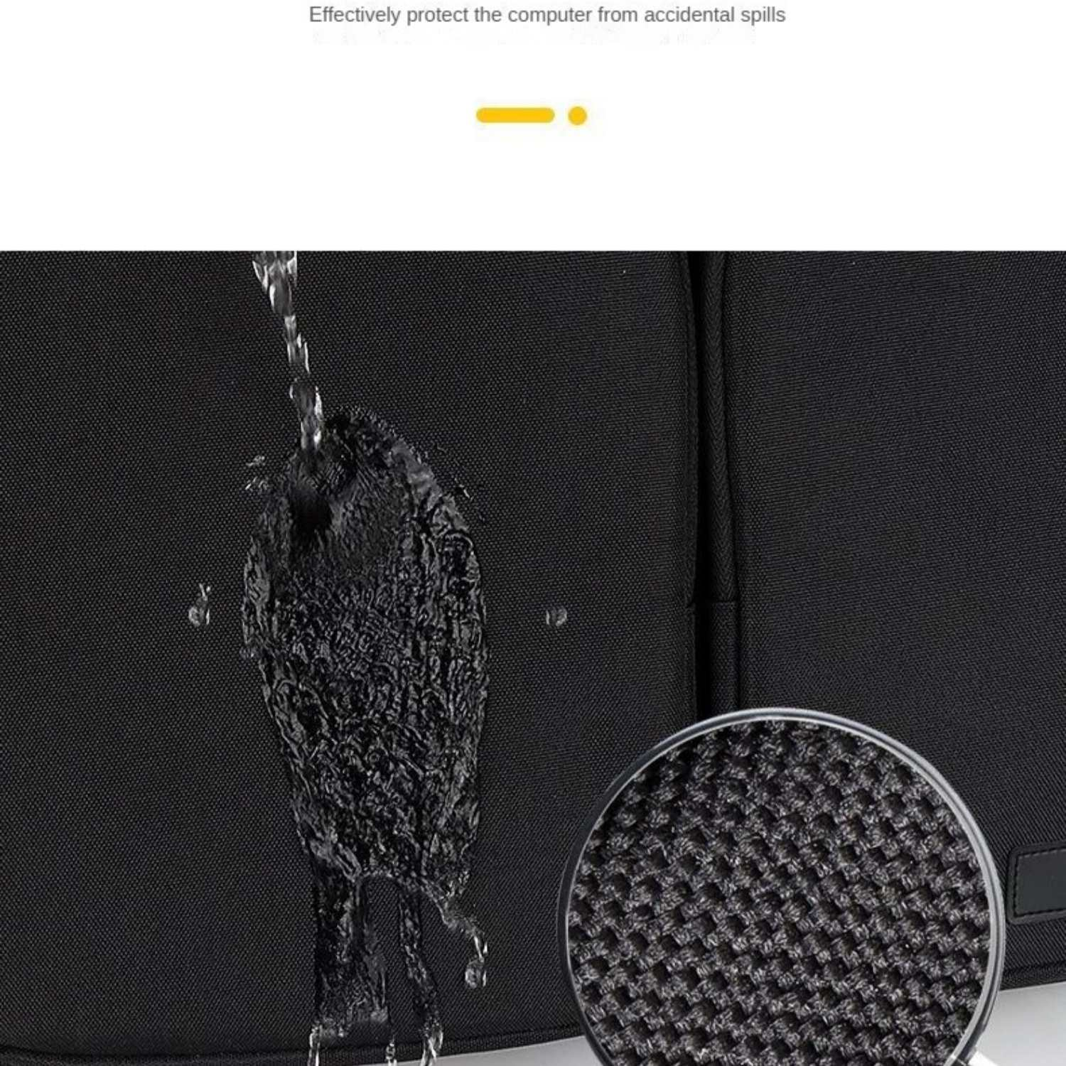 Wasser perlt von schwarzem Stoff ab, mit Nahaufnahme des Gewebes.