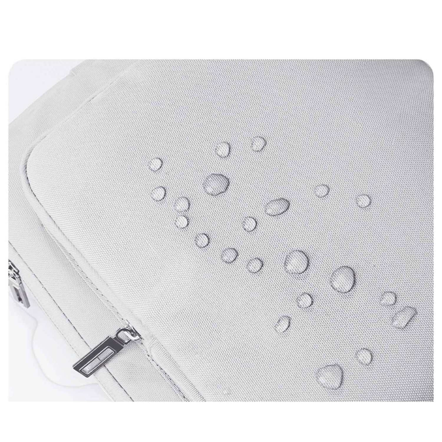 Graue Stofftasche mit Reißverschluss und Wassertropfen.