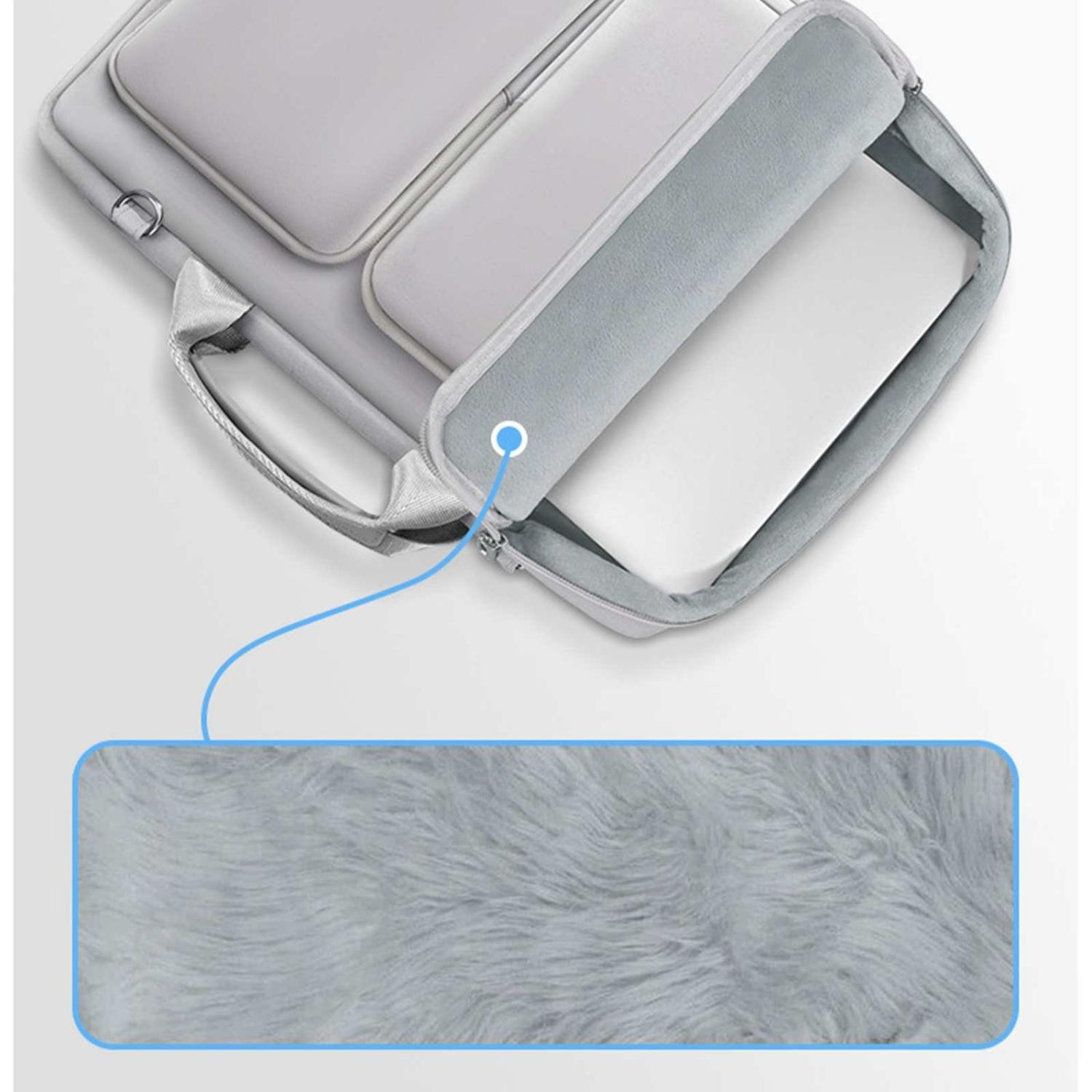 Graue Laptoptasche mit flauschigem Futter, zeigt ein weißes Laptop.