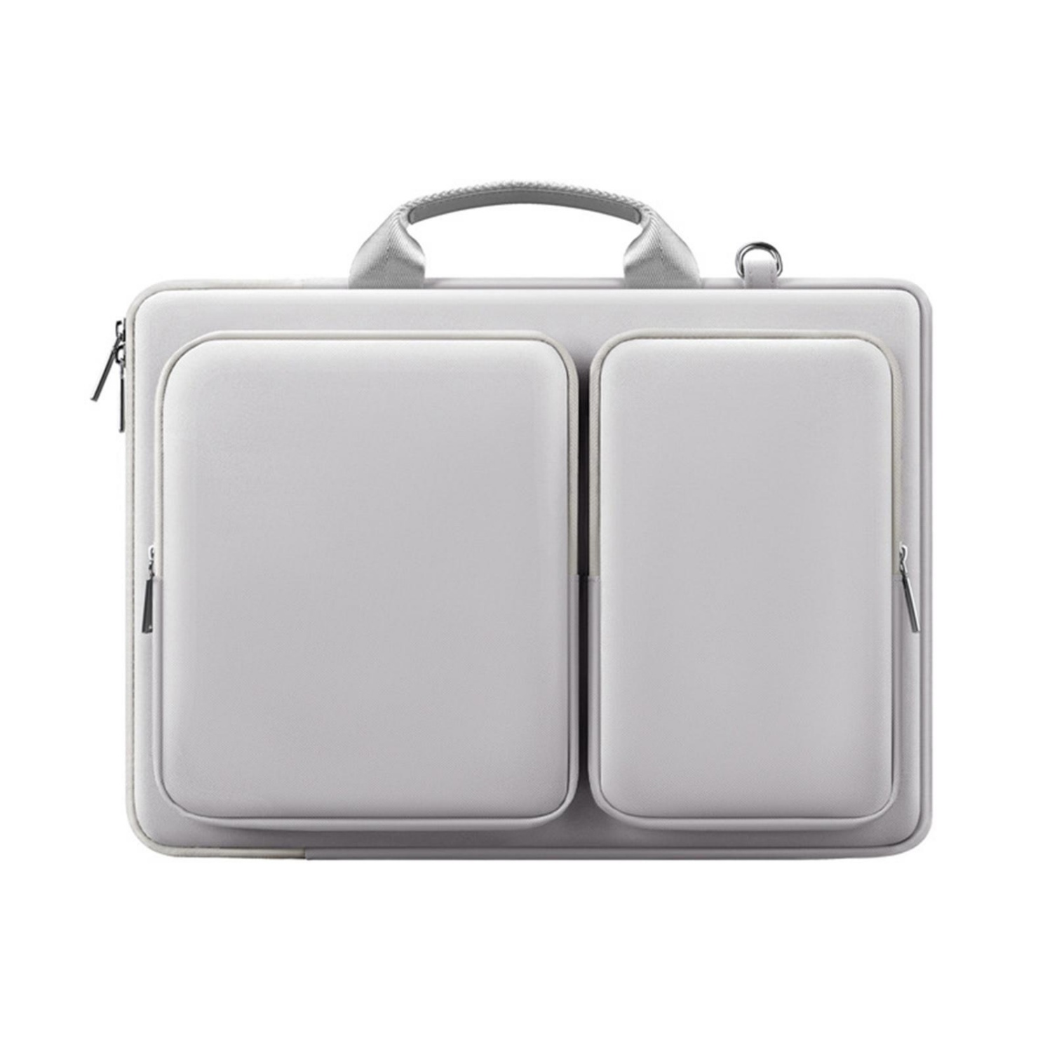 Graue Laptoptasche mit zwei Vordertaschen, Reißverschlüssen und Tragegriff.