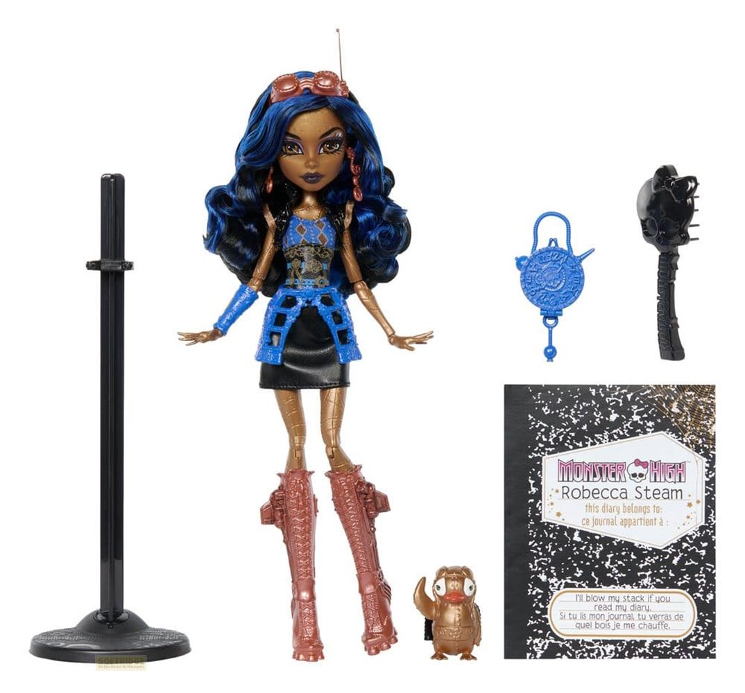 Monster High-Puppe Robecca Steam mit Zubehör: Ständer, Haarbürste, Kette und Tagebuch.