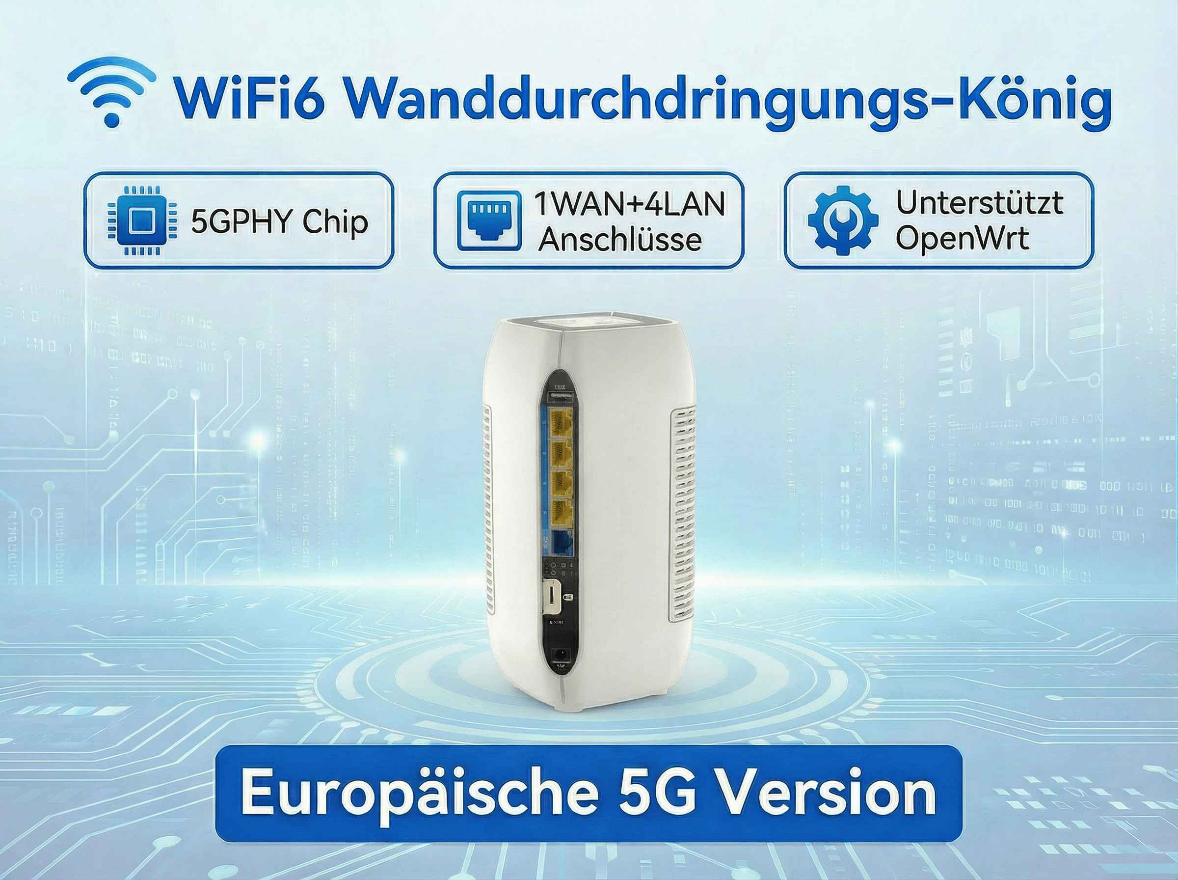Ein weißer Router mit mehreren Anschlüssen, beworben als "Europäische 5G Version".