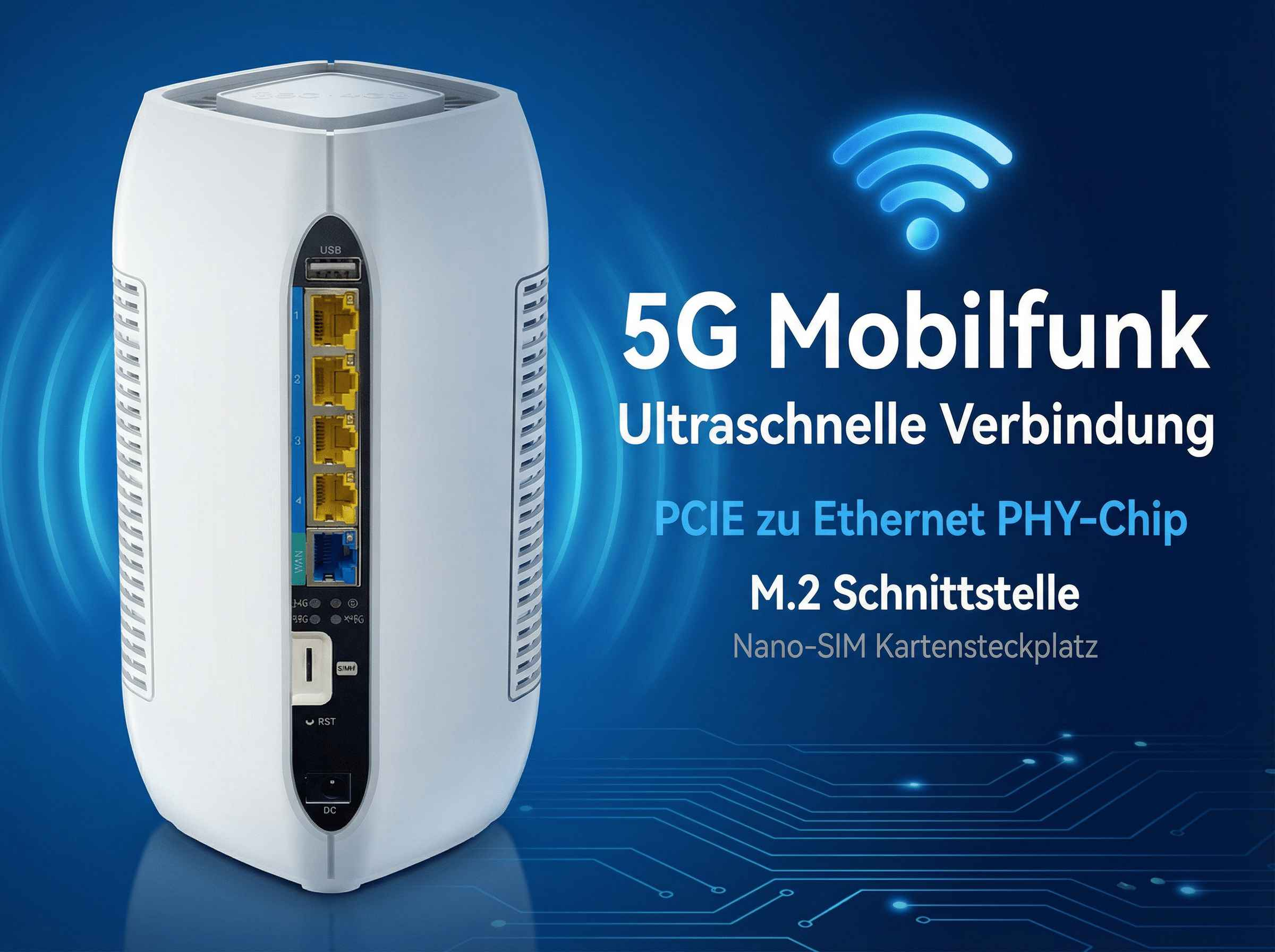 Weißer 5G-Router mit Ethernet-Anschlüssen, USB und SIM-Steckplatz.