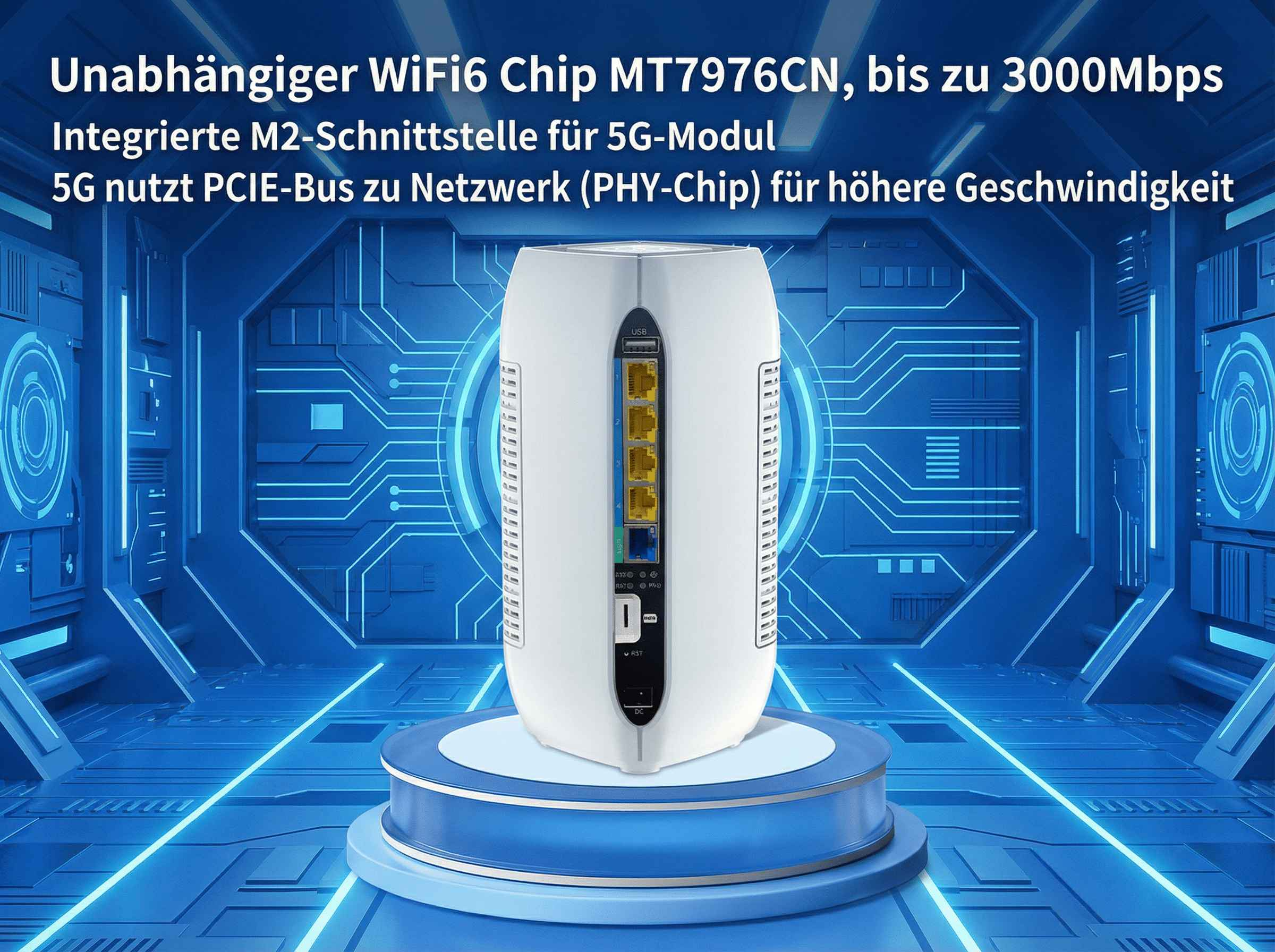 Ein weißer Router mit Anschlüssen steht vor einem blauen Circuit Board Hintergrund.