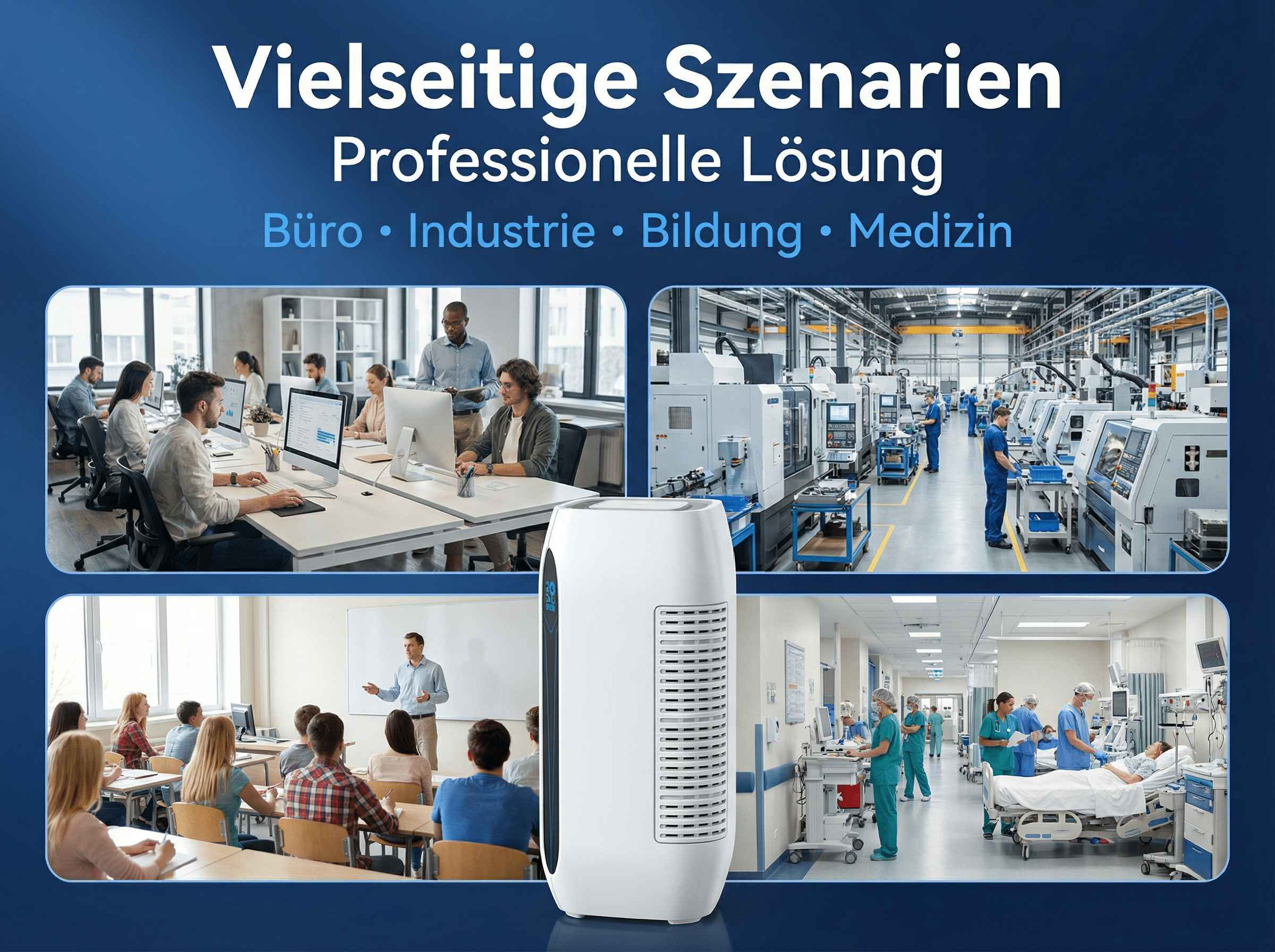 Ein Luftreiniger vor Szenen aus Büro, Industrie und Medizin.
