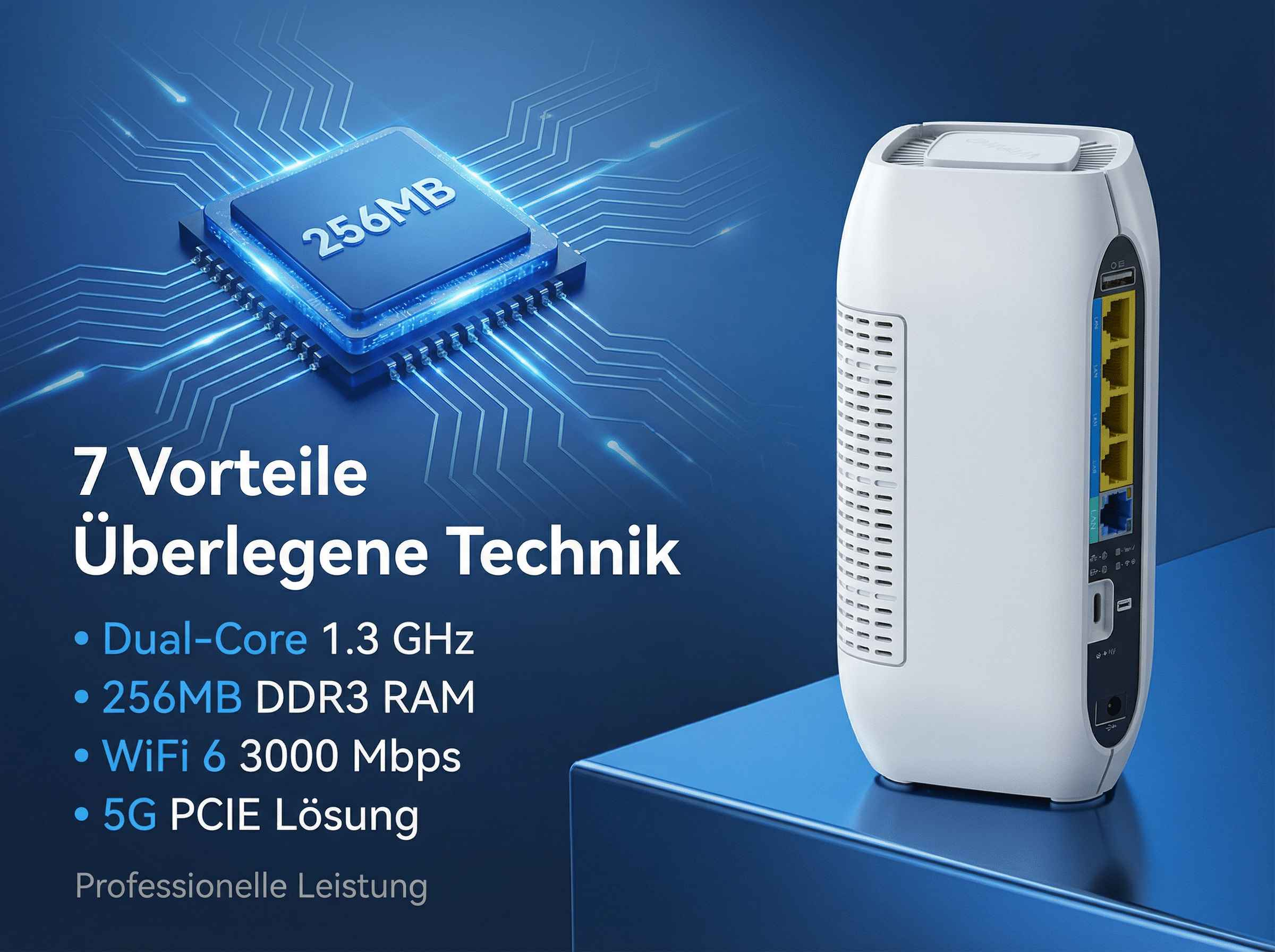 Ein weißer Router mit Anschlüssen und einem blauen Chip mit 256MB.