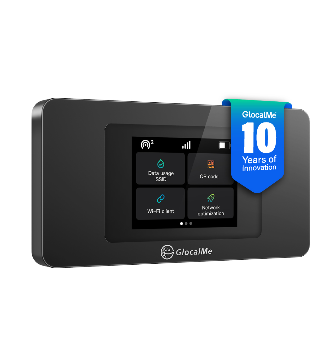 Ein schwarzes GlocalMe-Gerät mit Touchscreen, das 10 Jahre Innovation zeigt.