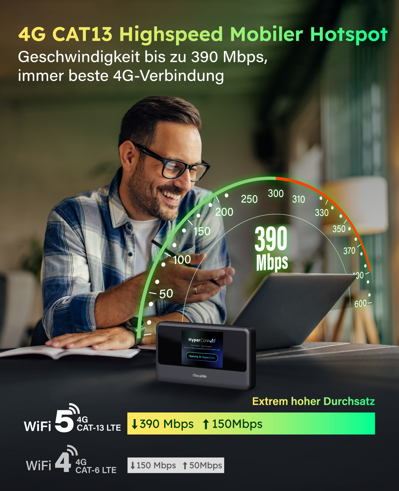 Mann mit Brille lächelt, arbeitet am Laptop mit mobilem Hotspot, 390 Mbps.