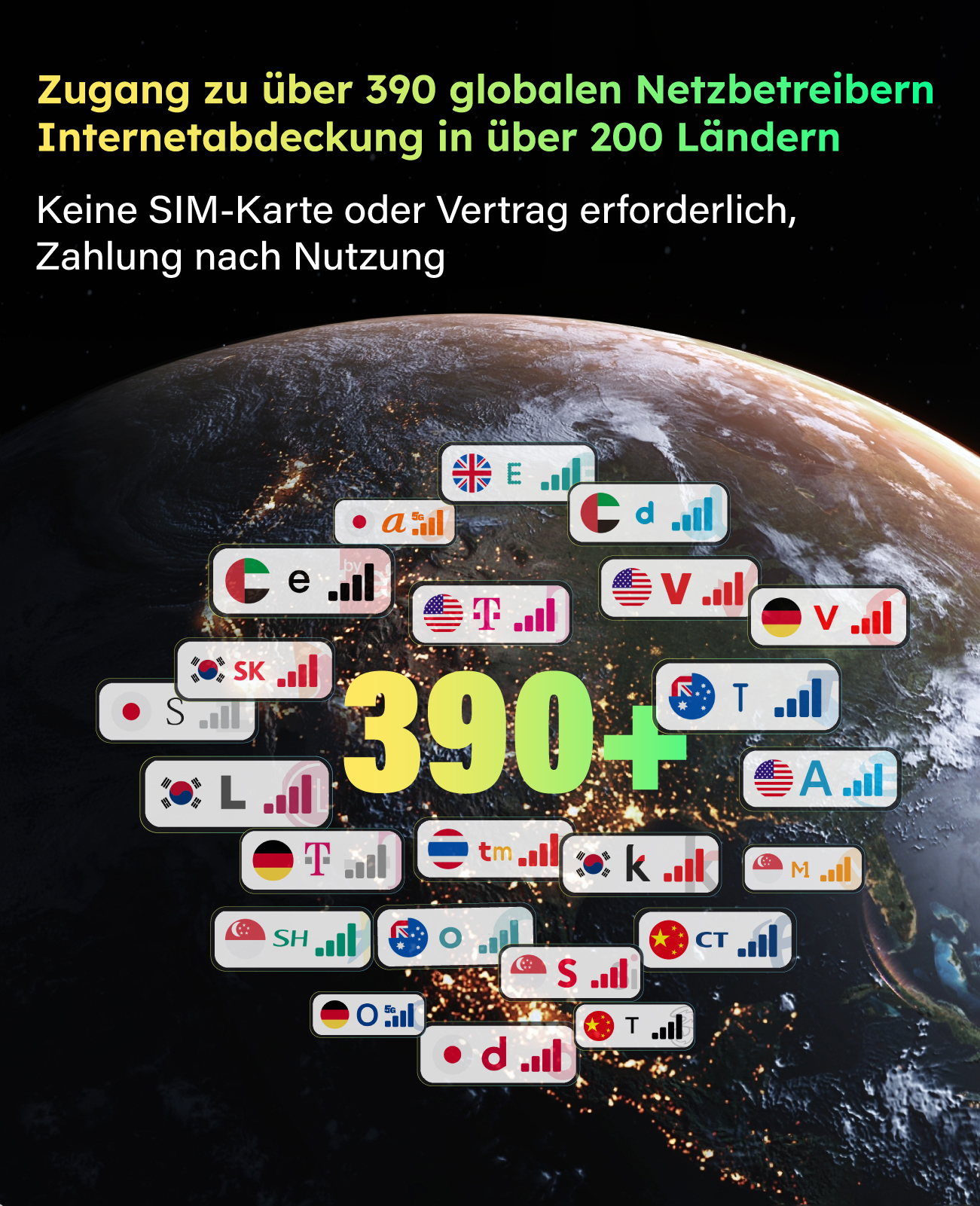 Erde mit Netzabdeckungssymbolen und Text '390+'