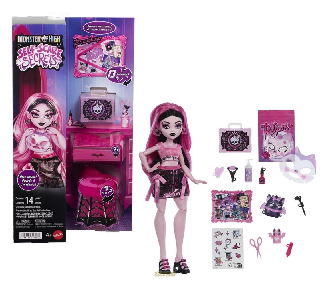 Monster High Draculaura Puppe mit Zubehör im Self-Care-Secrets-Koffer.