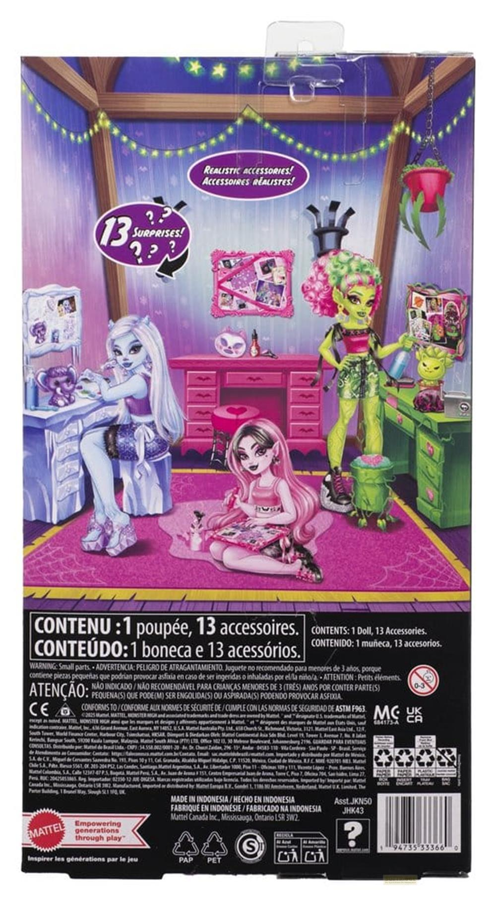 Monster High Puppenbox mit zwei Puppen, Zubehör und Text.