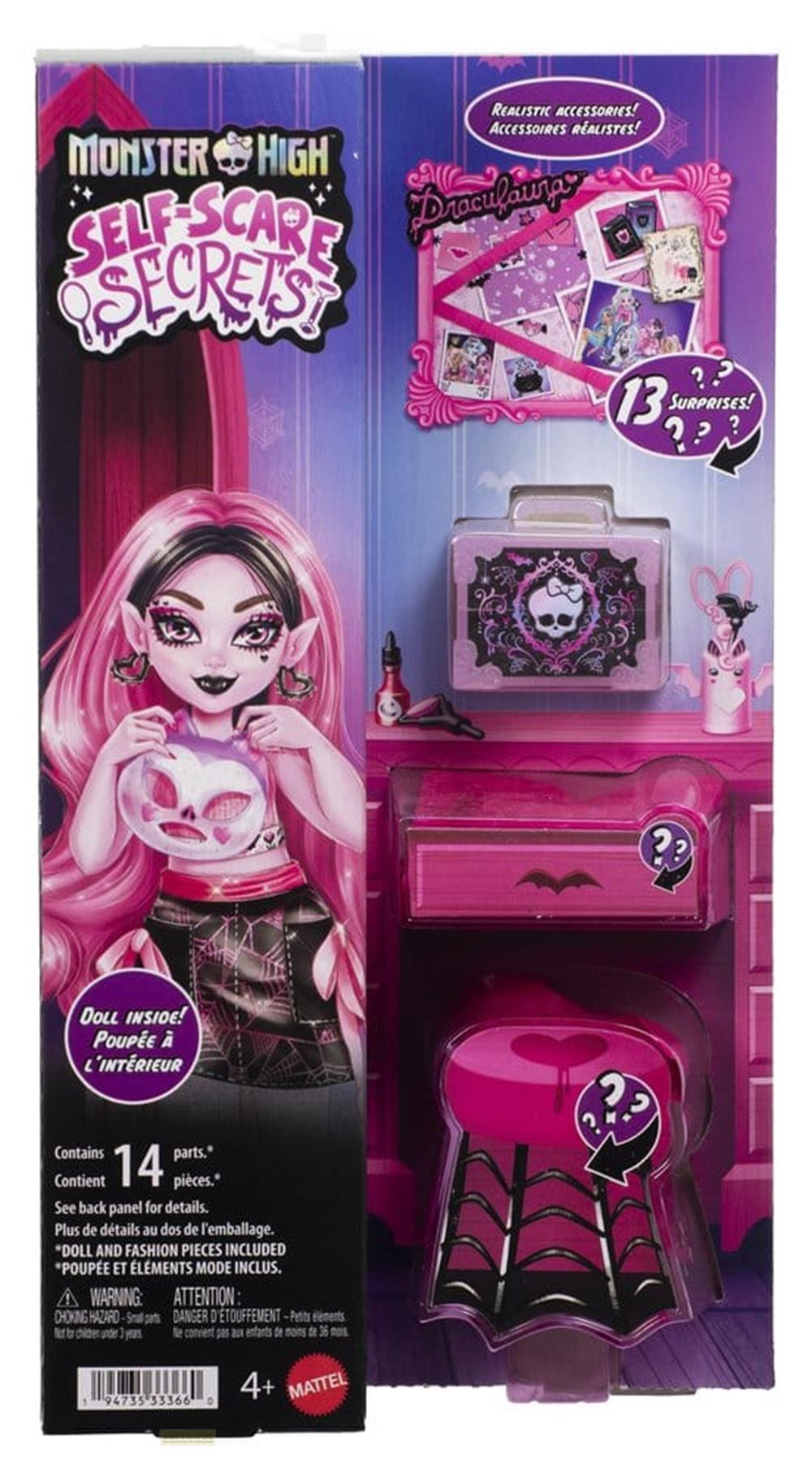 Monster High Draculaura Spielzeugbox mit Puppe, Koffer, Schminktisch und Zubehör.