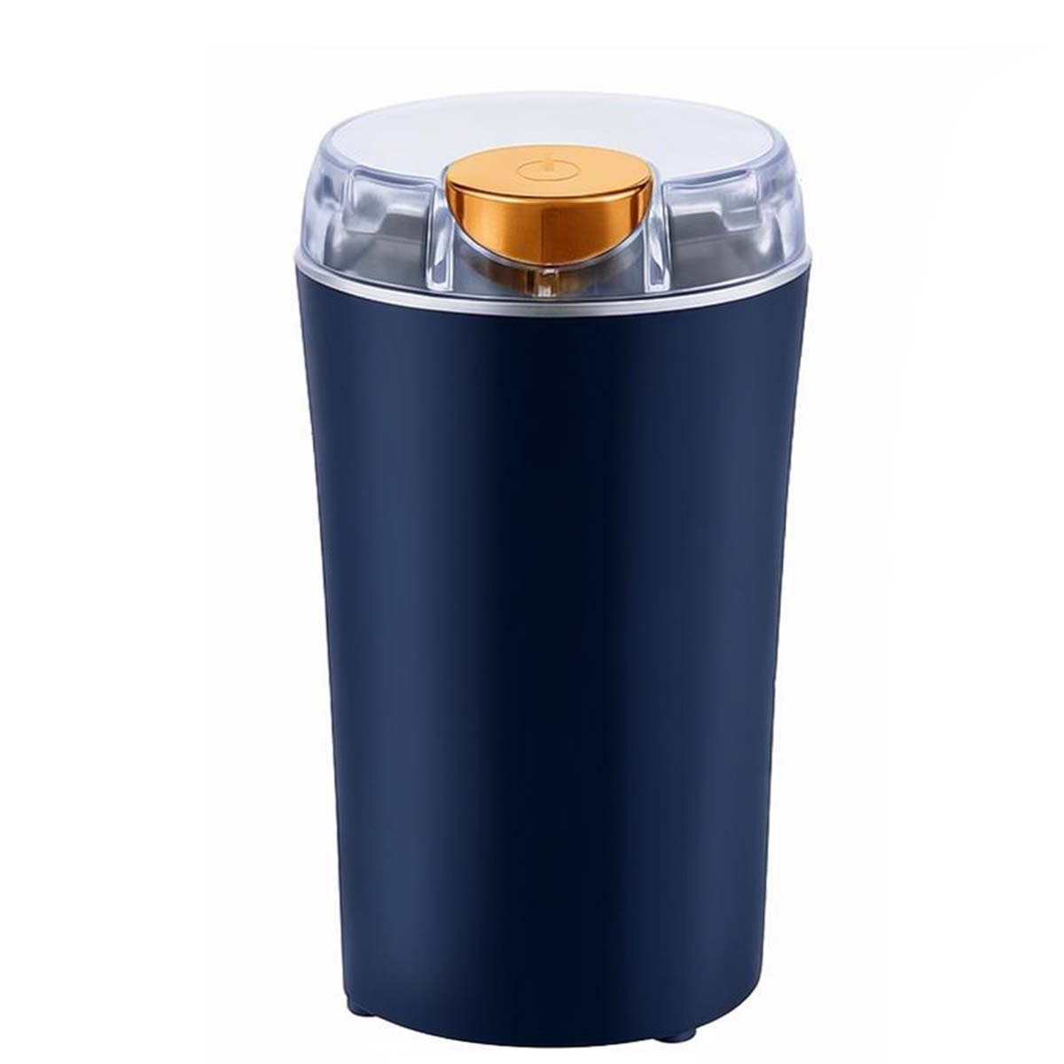 Dunkelblauer Kaffeemühle mit transparentem Deckel und goldenem Knopf.