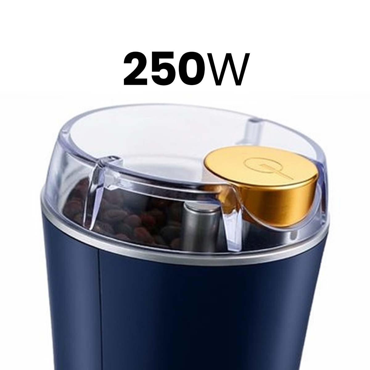 Dunkelblauer Kaffeemühle mit 250W Leistung und goldenem Deckel. Kaffee.
