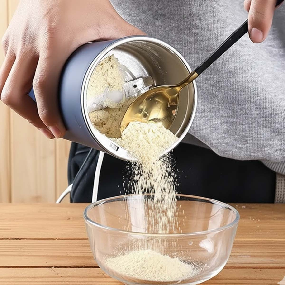 Pulver wird aus einem Mixer in eine Schüssel geschüttet.