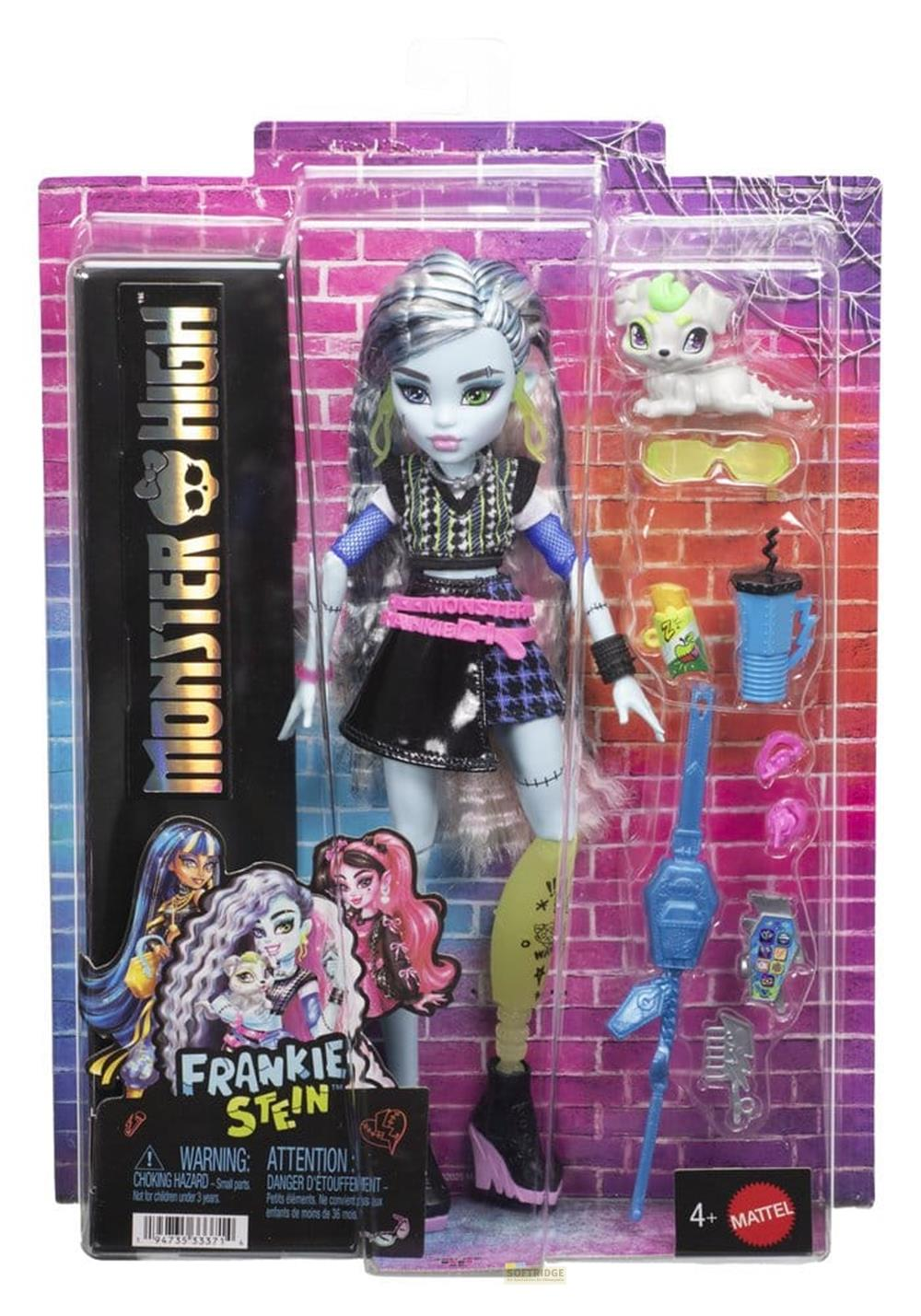 Monster High Frankie Stein Puppe mit Zubehör und Haustier im Karton.