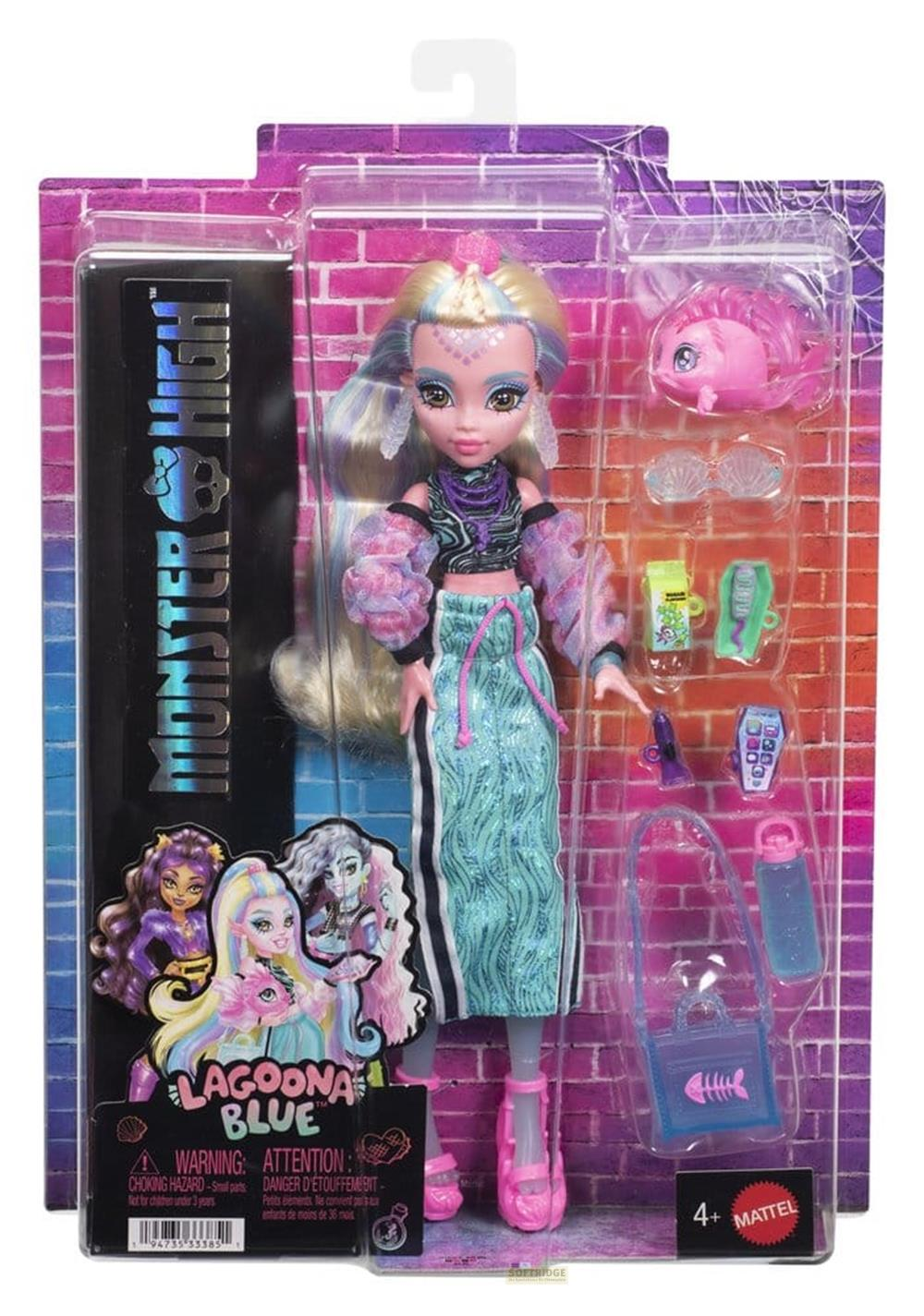 Monster High Puppe mit Zubehör in pink-blauer Verpackung. Sie hat blonde und lilafarbene Haare.